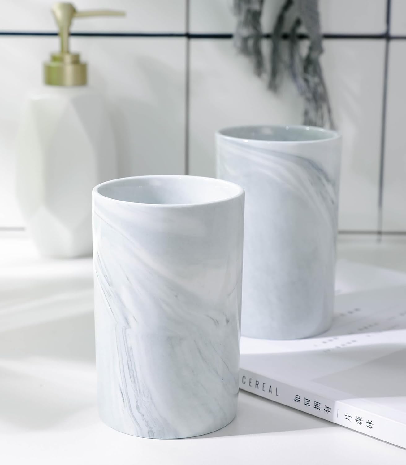 Kelake Ceramic Tumbler Cup Gray Marble Bathroom Holder