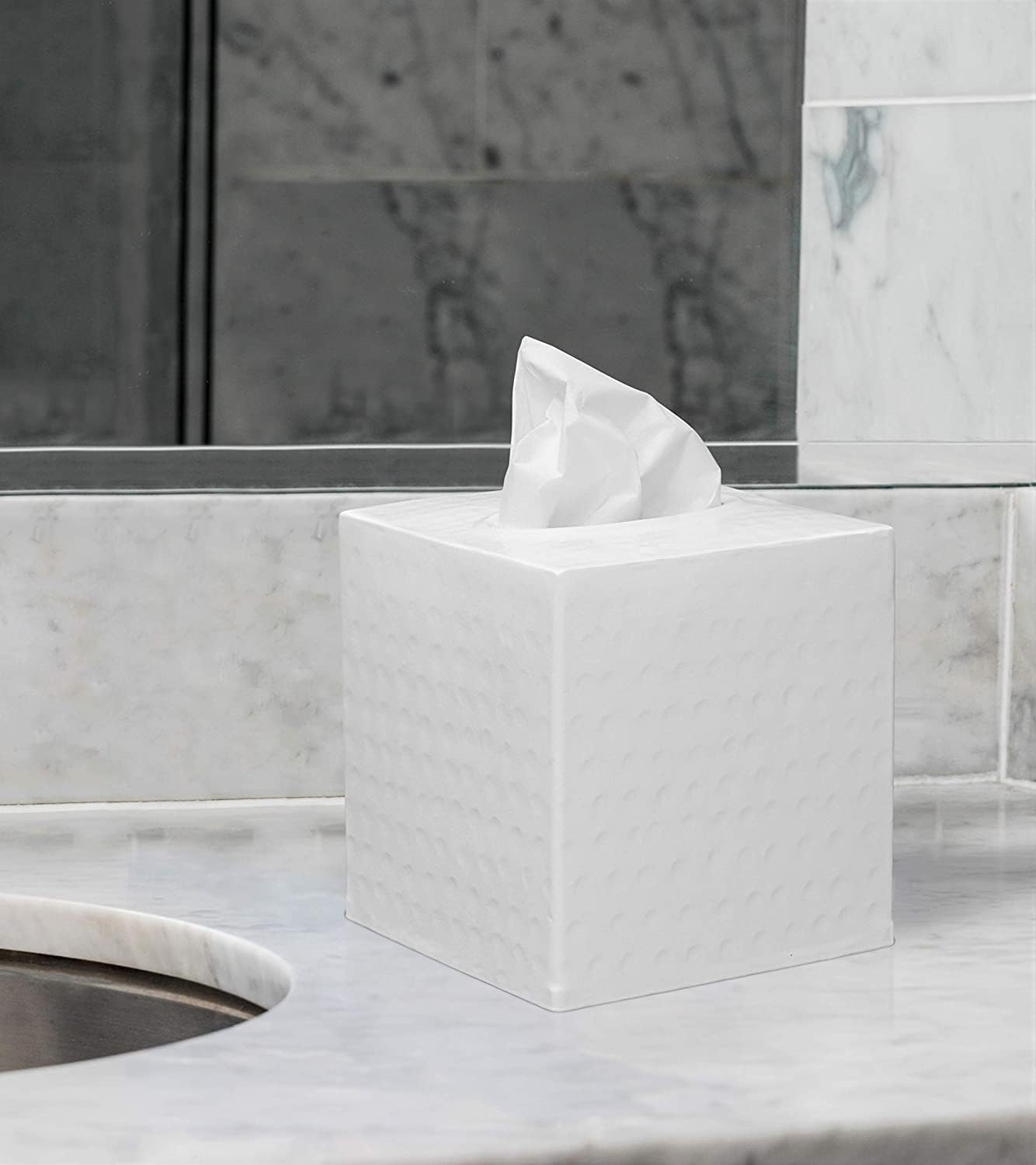 Hand-Hammered White Tissue Box Cover for Bathroom or Home