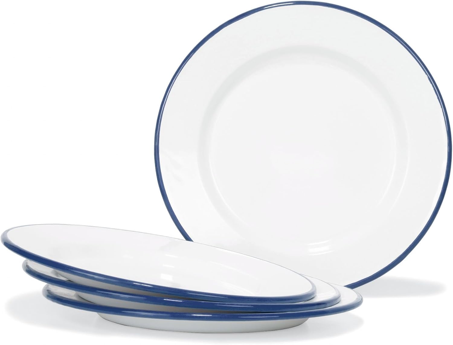 Red Co Set of 4 Enamelware Metal Classic 10 Round Dinner Plate Solid WhiteNavy Blue Rim