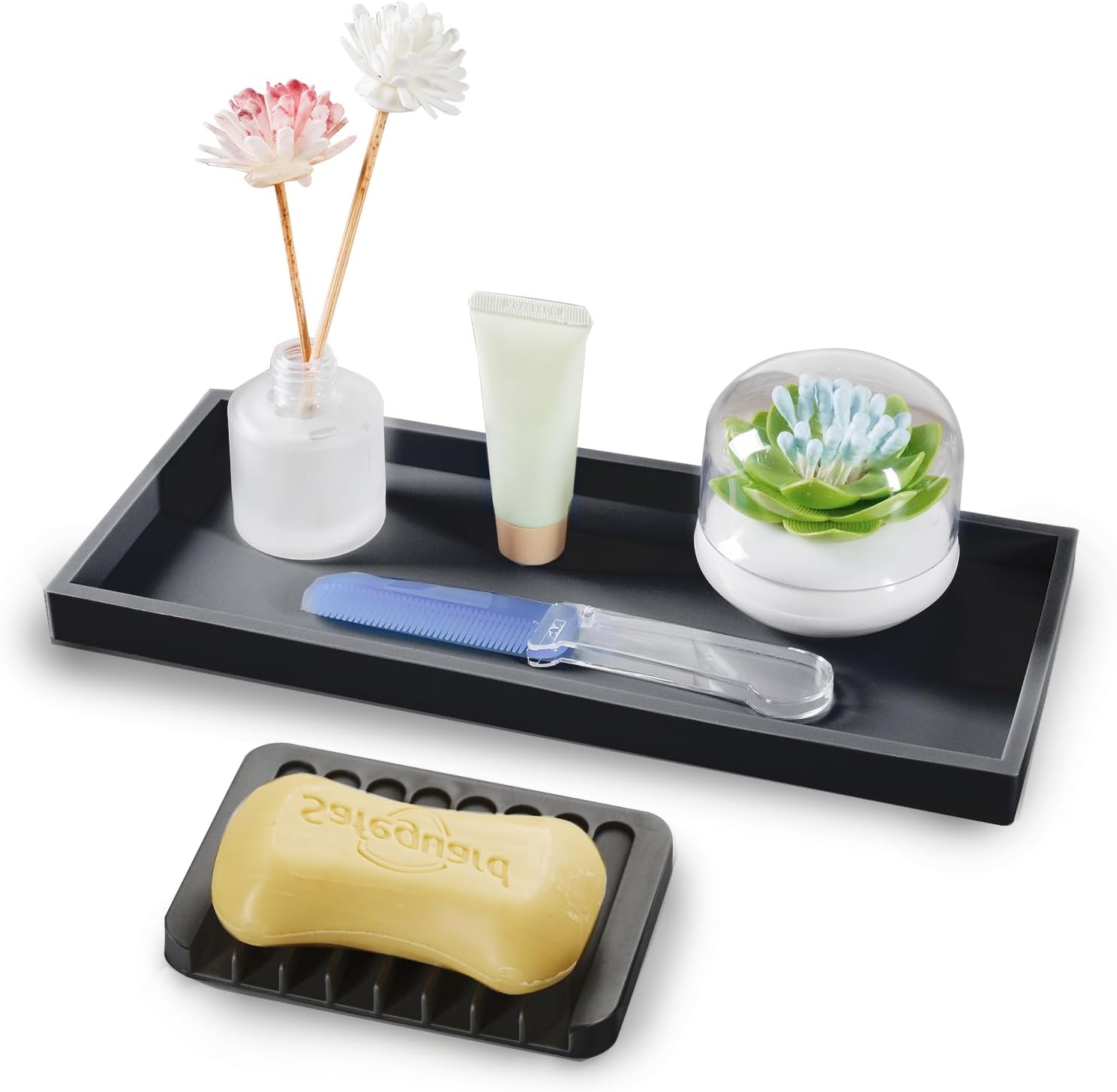 Silicone Vanity Tray with Soap Dish Set - 157 Silicone Tray for Bathroom Kitchen Counter Organizer