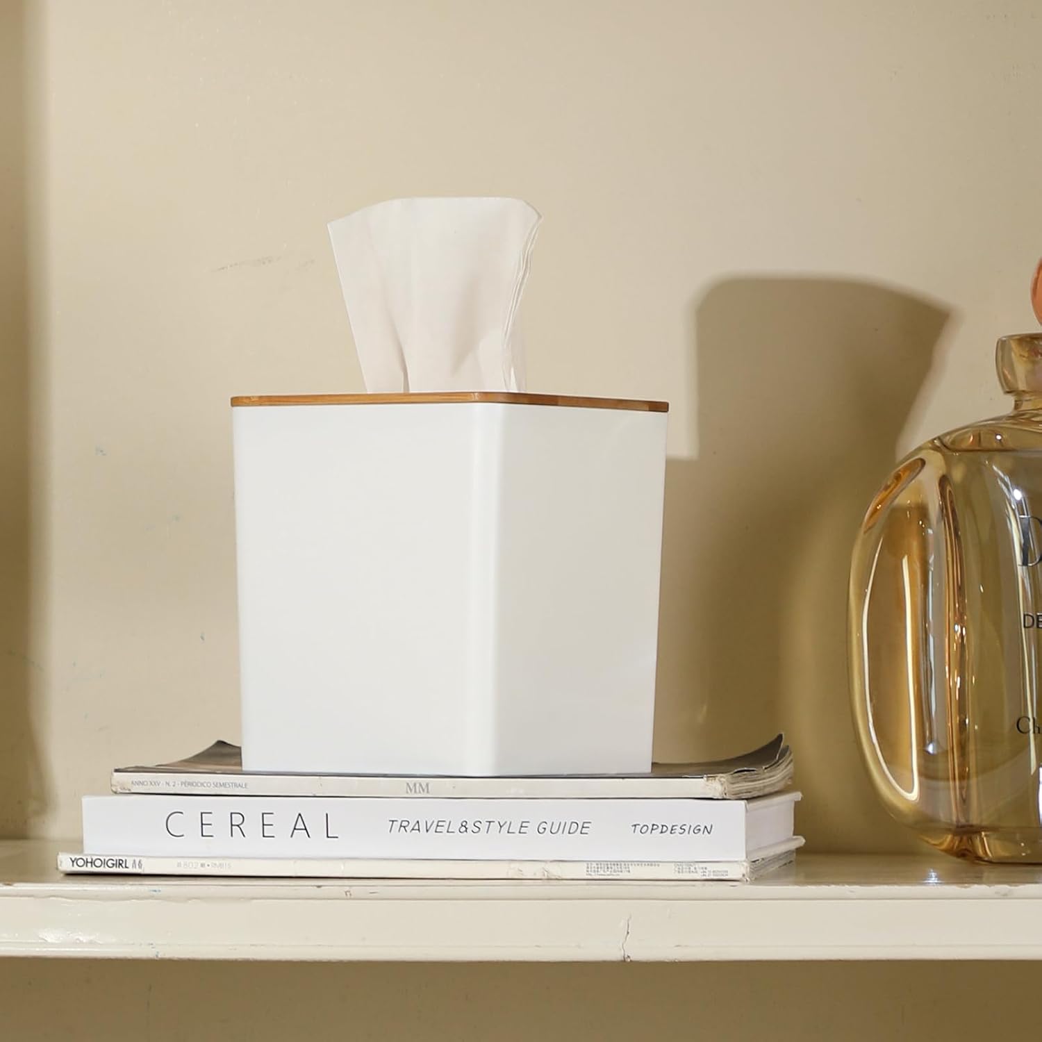 Tissue Box Cover Bamboo Lid Square Design Boho Decor White