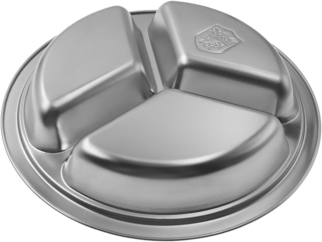 Round Divided Plate for Adults Camping BBQ and Durable 304 Steel Dinner Trays