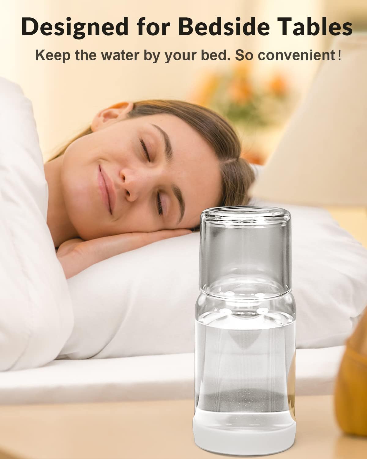 Ergonomic Nightstand Glass Carafe with Silicone Coaster 18oz Water Mouthwash Dispenser