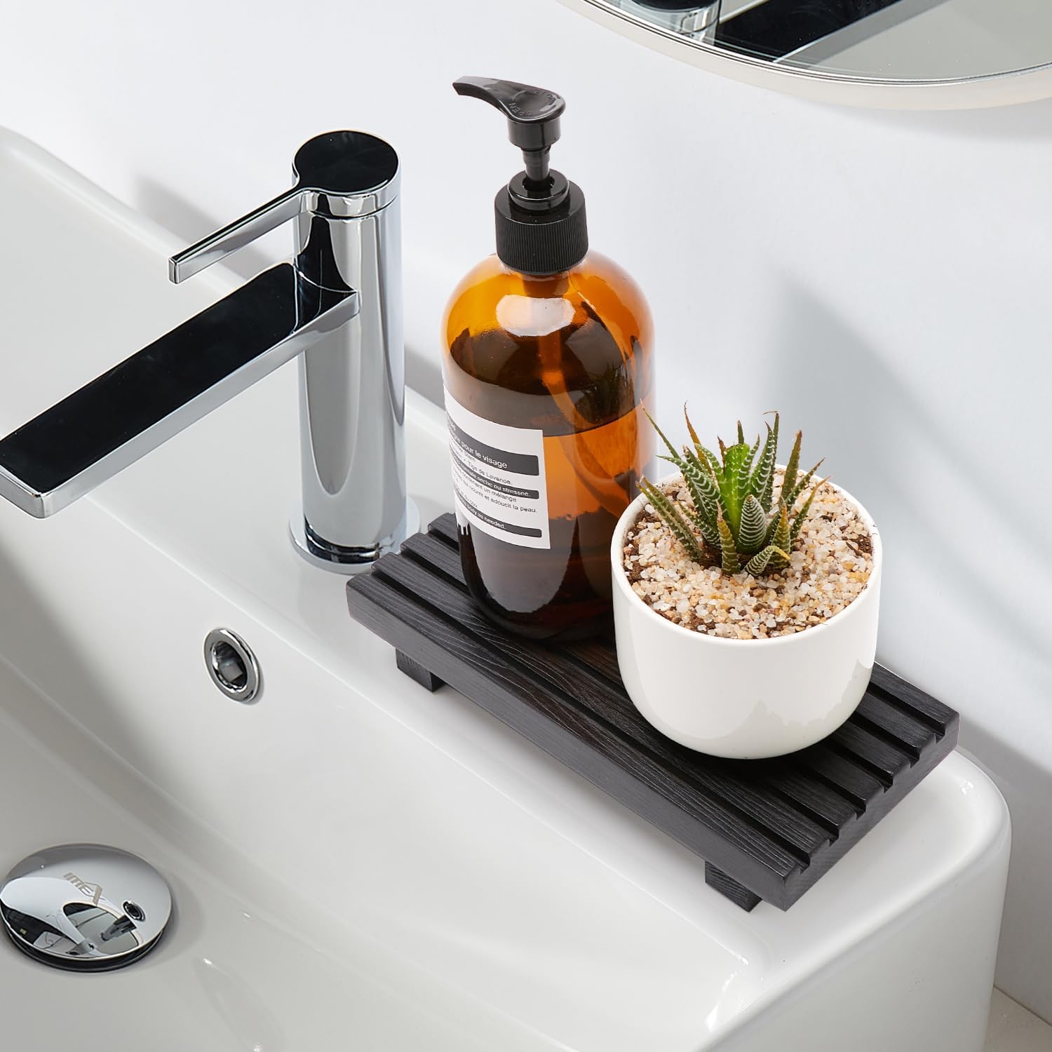 Bathroom Counter Organizer Stylish Wood Pedestal Tray