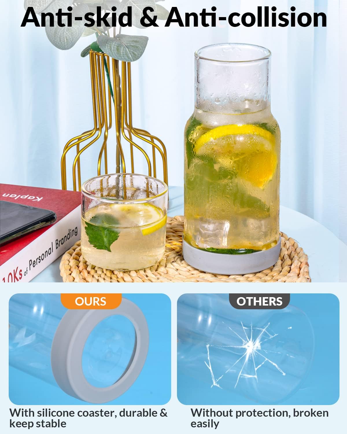 Ergonomic Nightstand Glass Carafe with Silicone Coaster 18oz Water Mouthwash Dispenser