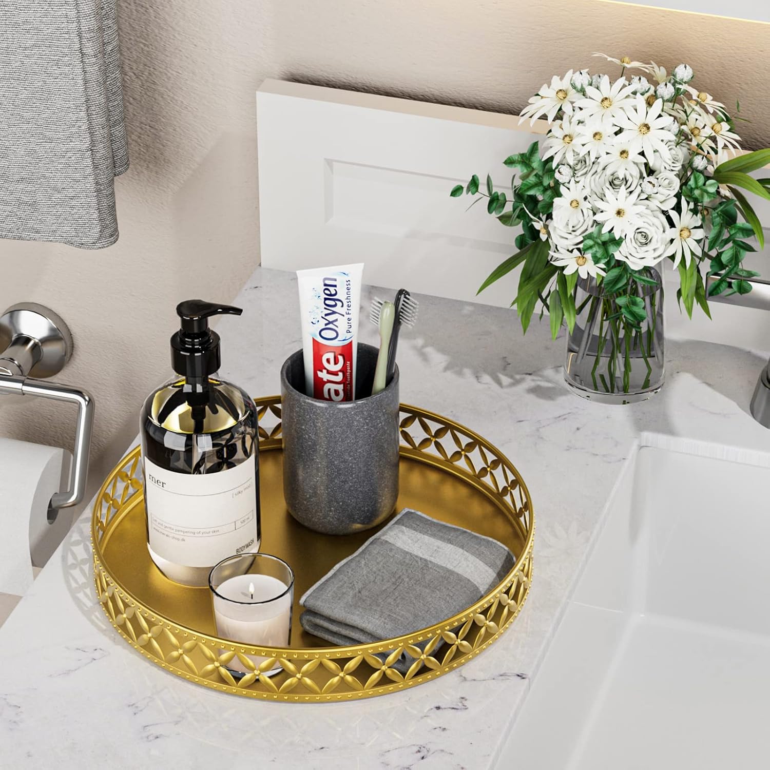 EKNITEY 11 Gold Flower bathroom Vanity Trays - Space-Saving Counter Organizer for Towels Cosmetics More