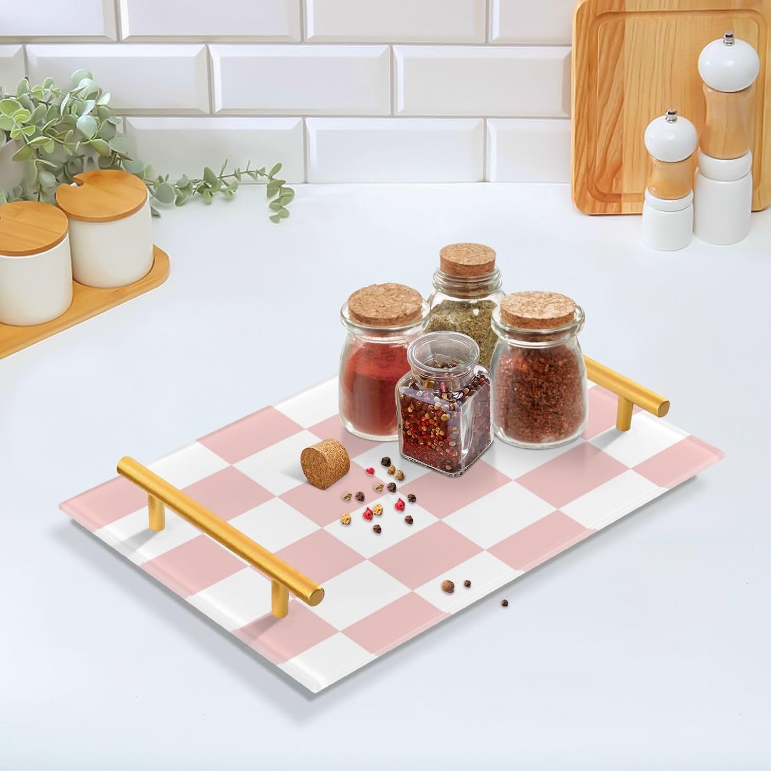 -white pink squares checkerboard bathroom vanity tray with gold handles