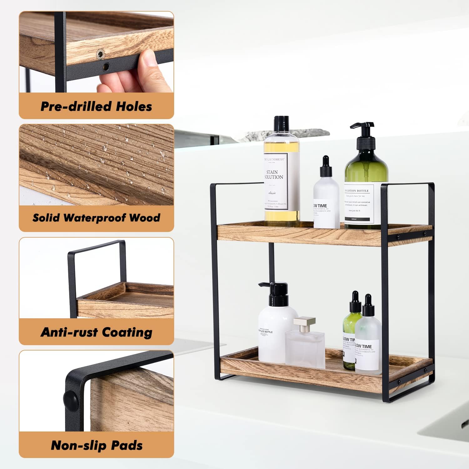 2-Tier Solid Wood Bathroom Organizer for Space-Saving Storage