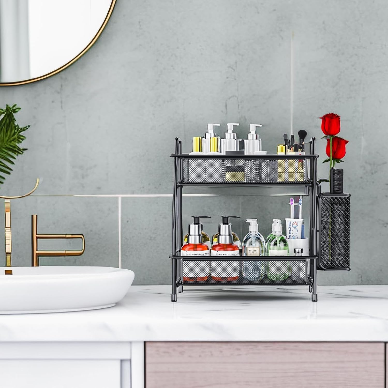 Bathroom Organizer with Basket - 2-Tier Counter Storage