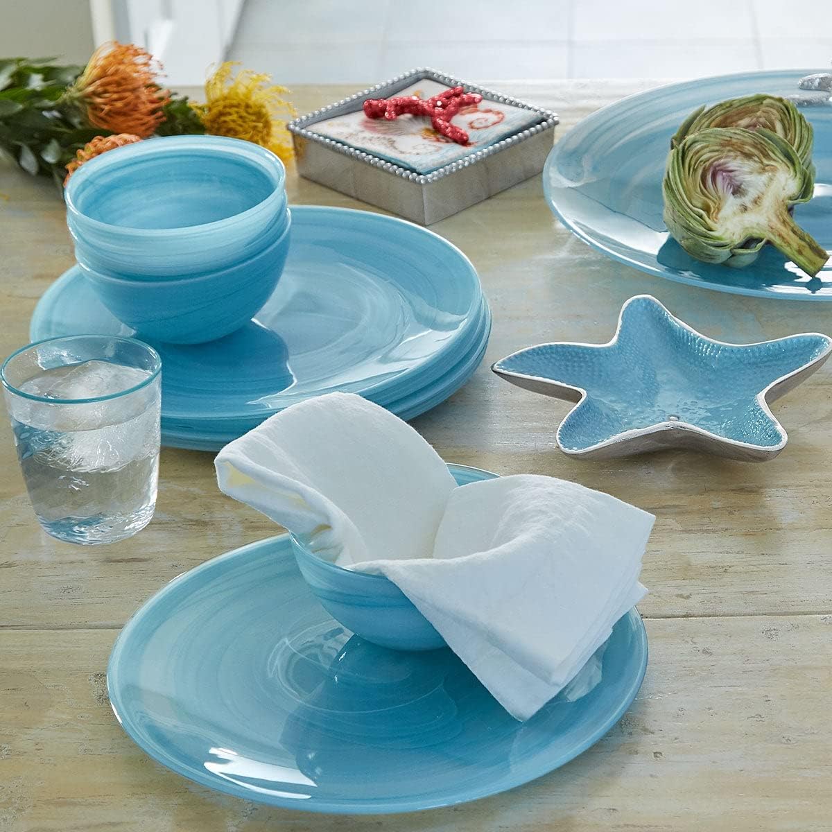 MARIPOSA ALABASTER AQUA DINNER PLATE SET