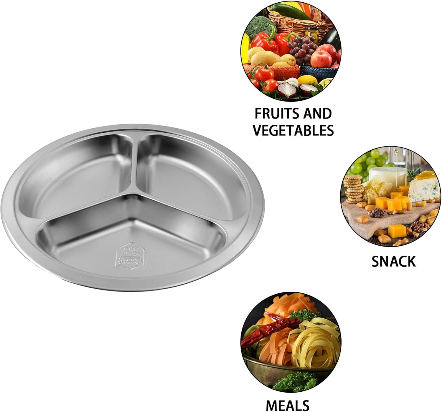 Round Divided Plate for Adults Camping BBQ and Durable 304 Steel Dinner Trays