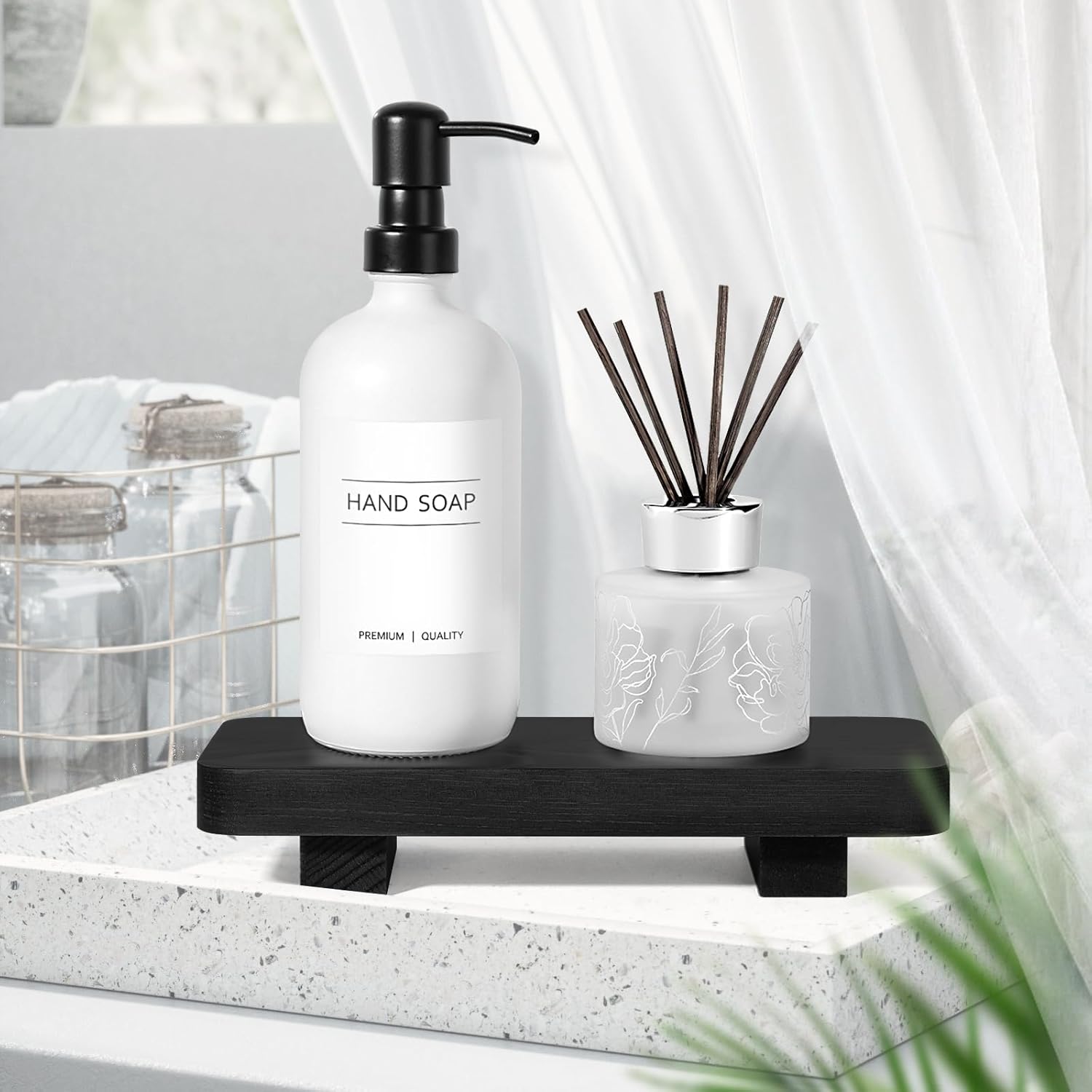Kasunting Bathroom Counter Decor - Black Wood Tray Pedestal Stand for Sink Vanity Bathroom