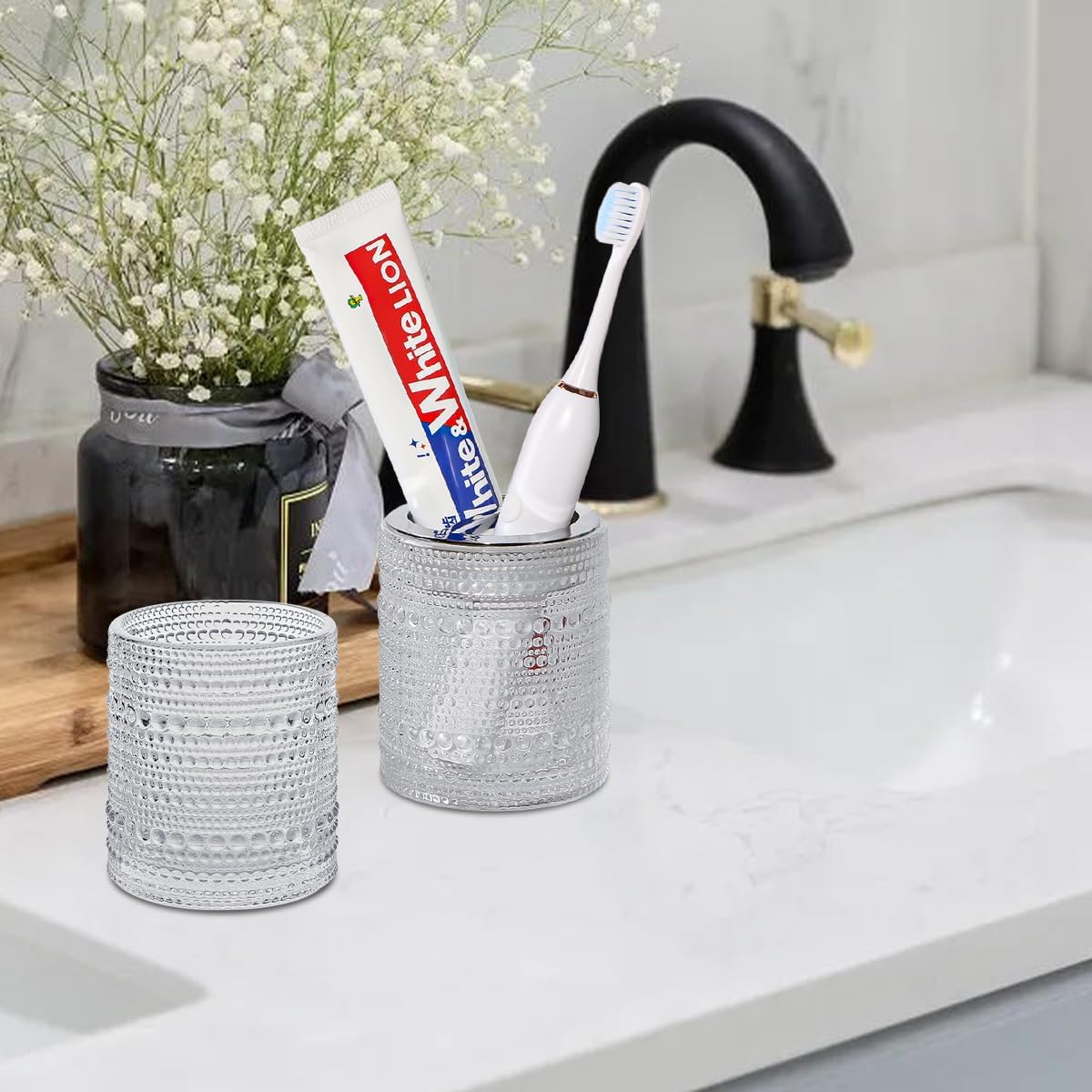 glass bathroom toothbrush holder multi-use storage smooth design