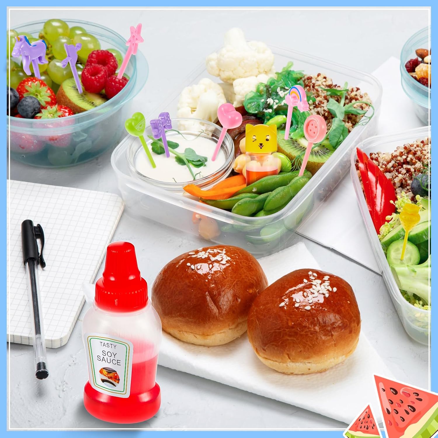 26 Pcs Lunch Bento Soy Sauce Case Container for Kids with Condiment Squeeze Bottles and Animal Food Picks
