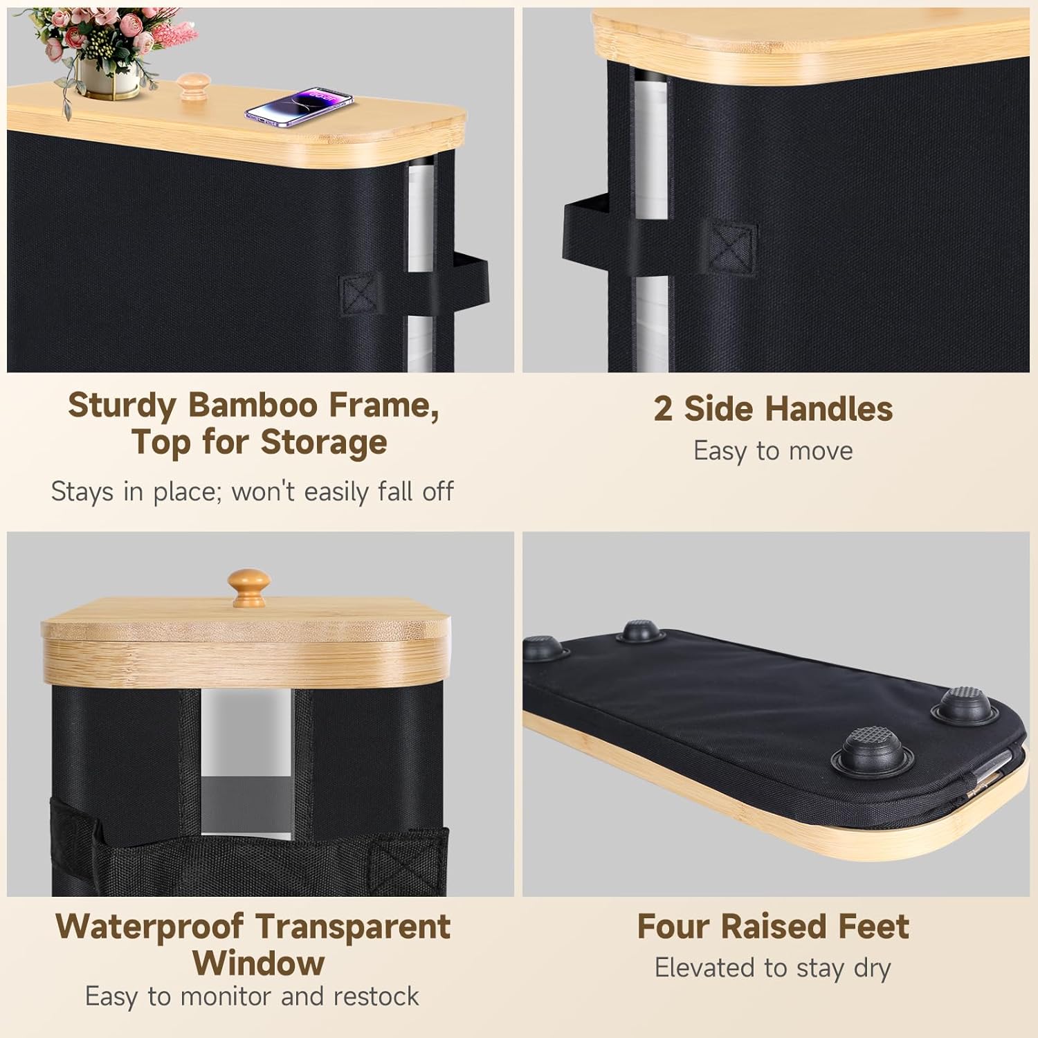 Sicamin Toilet Paper Storage Basket with Lid Handle Black
