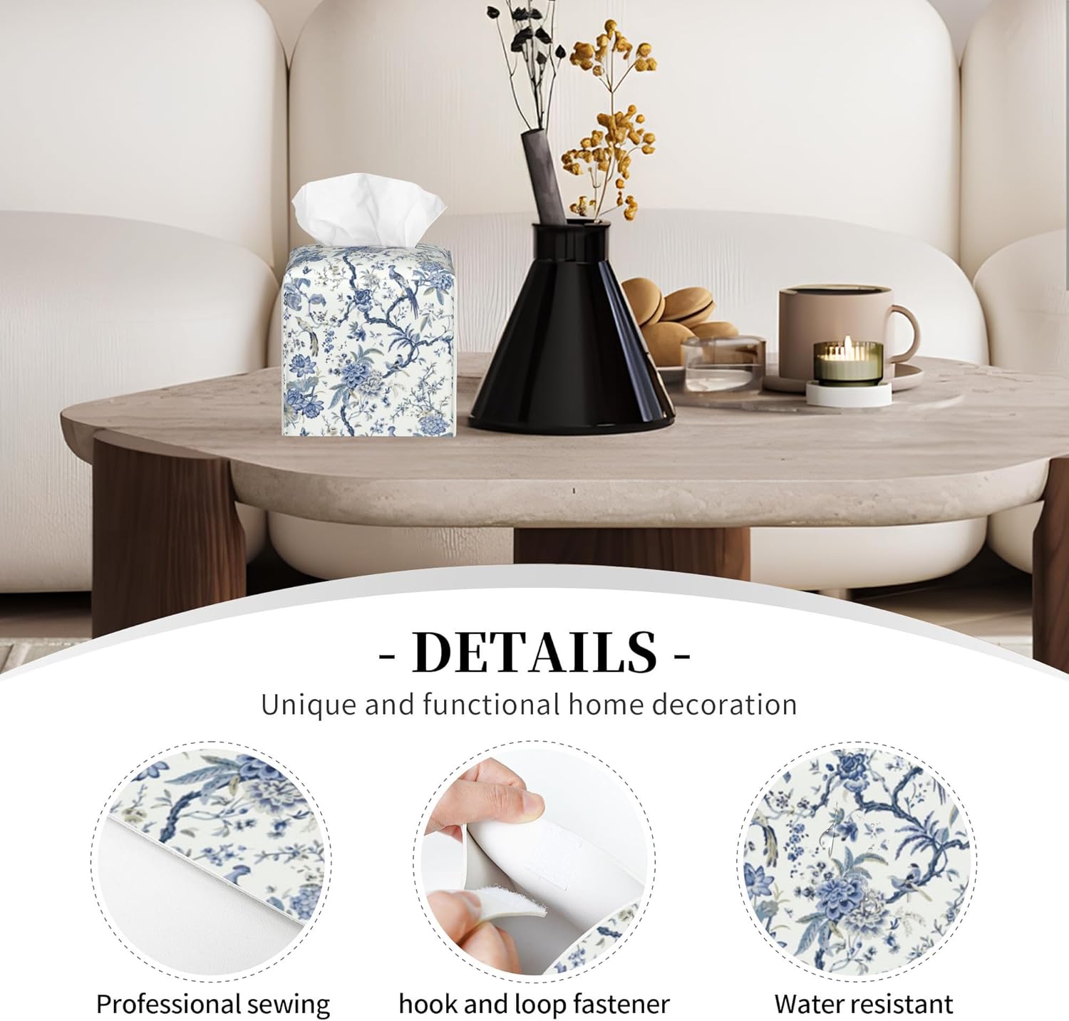 POIUBLE Smart Tissue Box Cover with Bird Flower Design 52 x 52 x 52