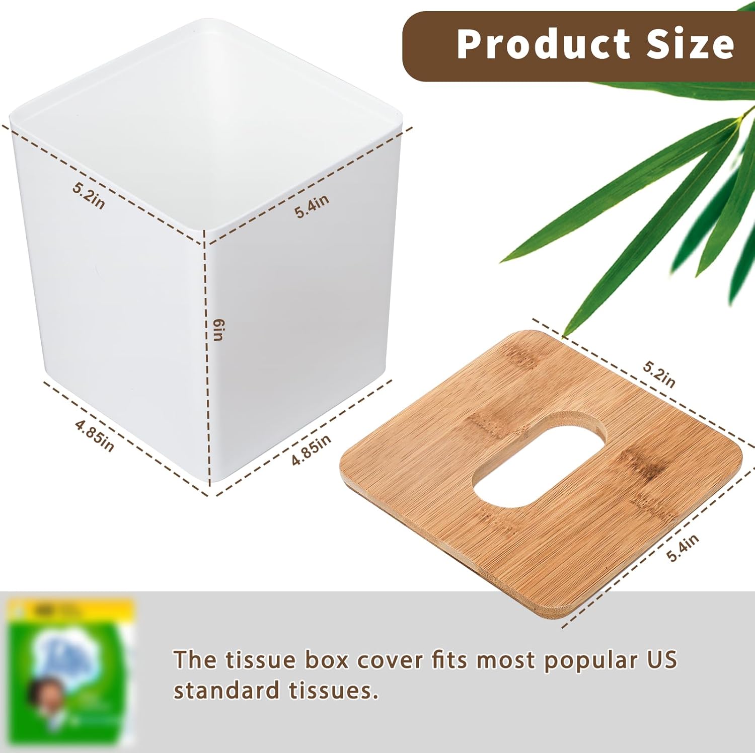 Tissue Box Cover Bamboo Lid Square Design Boho Decor White