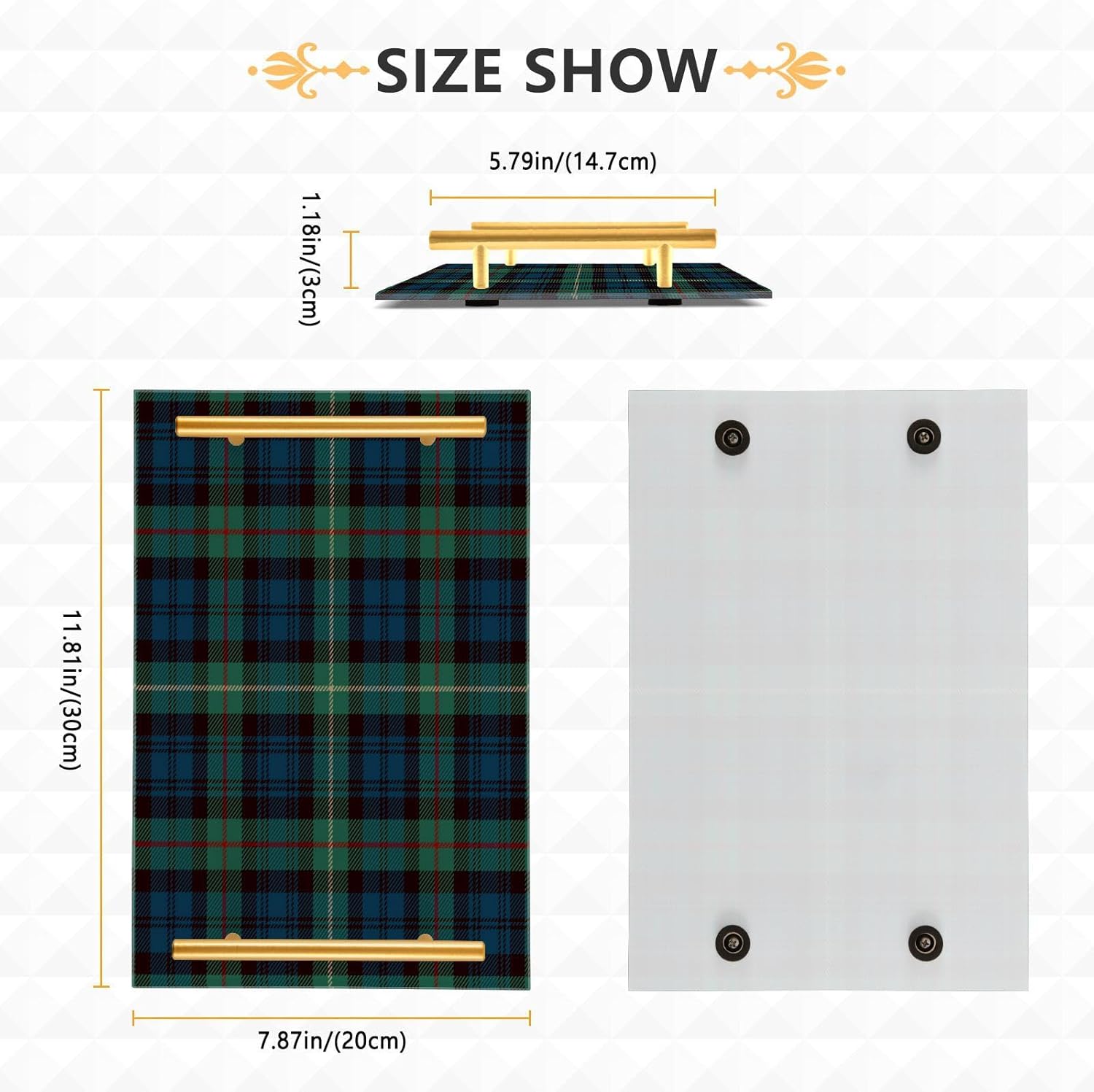 Pigsaly Blue Black Green Plaid Bathroom Sink Vanity Organizer Tray with Gold Handles Red Gold Tartan