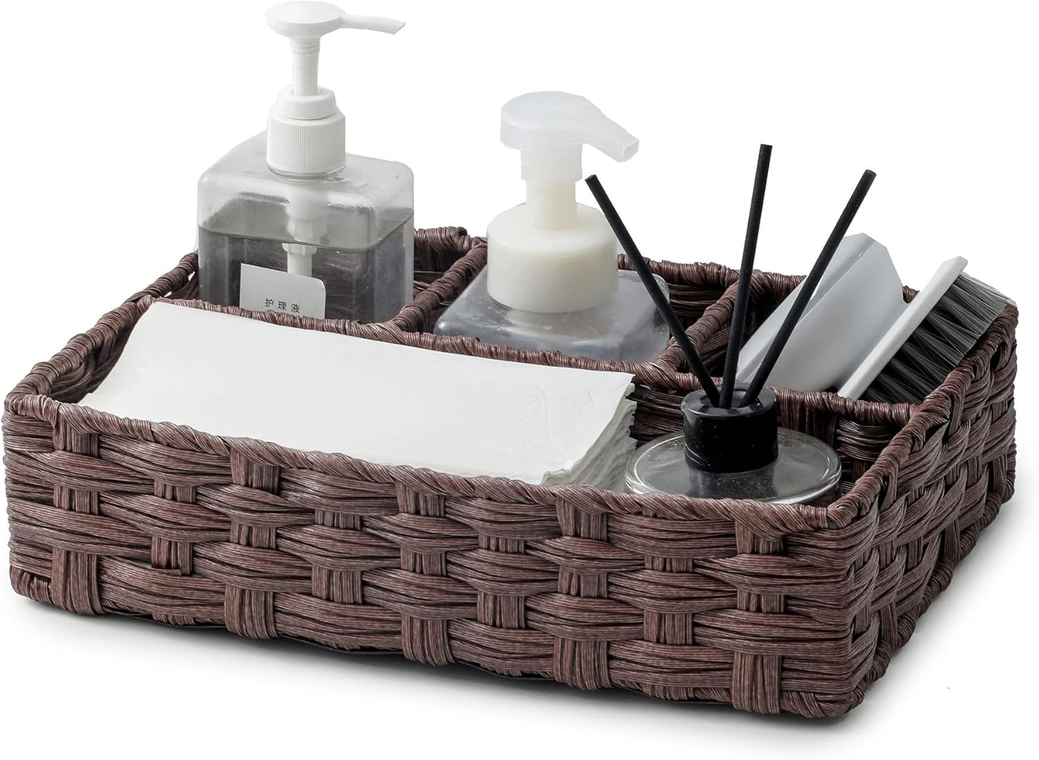 AMTOTAM Multi-Use Hand Woven Plastic Wicker Basket for Bathroom Storage Rustic Farmhouse Design Includes Divider