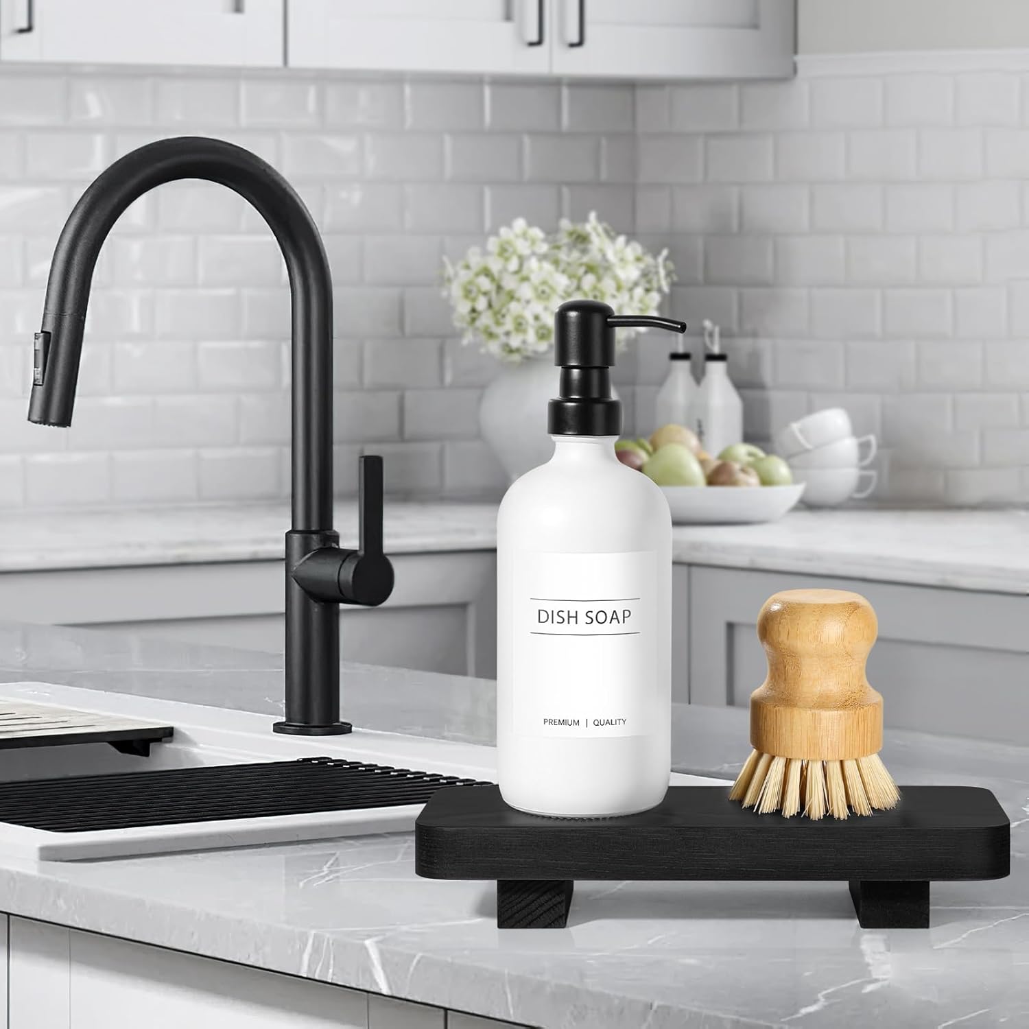 Kasunting Bathroom Counter Decor - Black Wood Tray Pedestal Stand for Sink Vanity Bathroom