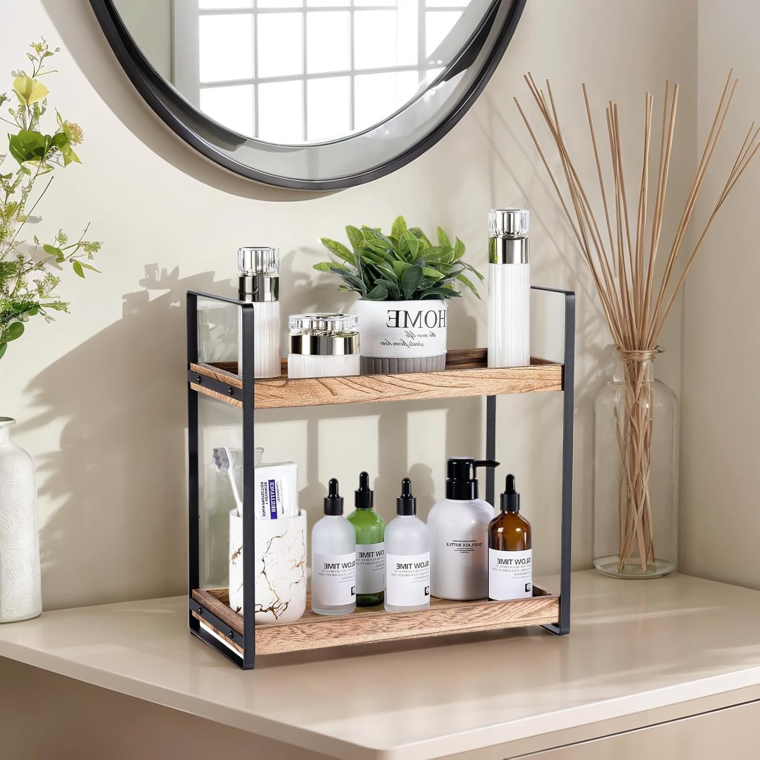 2-Tier Solid Wood Bathroom Organizer for Space-Saving Storage