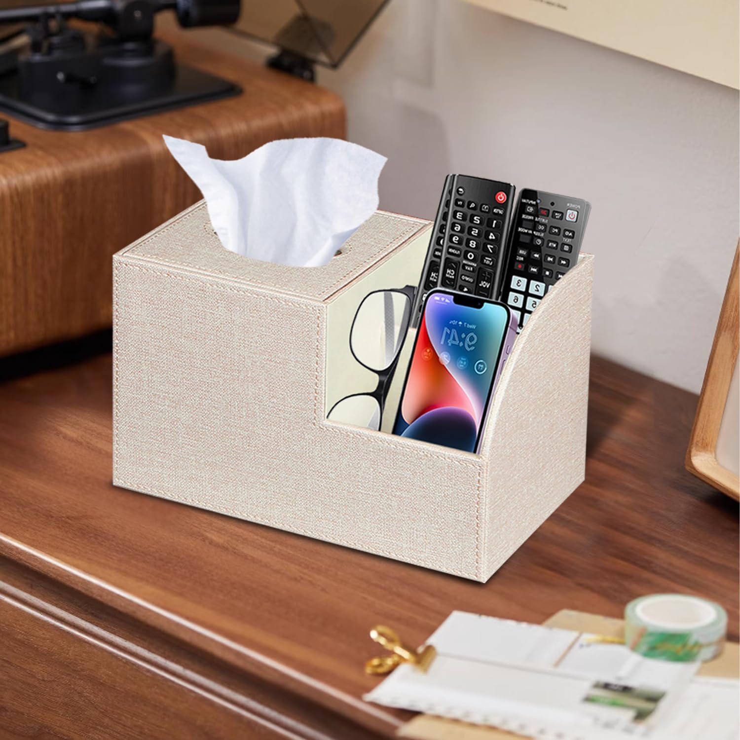 BLIENCE PU Leather Tissue Box Cover with Remote Holder
