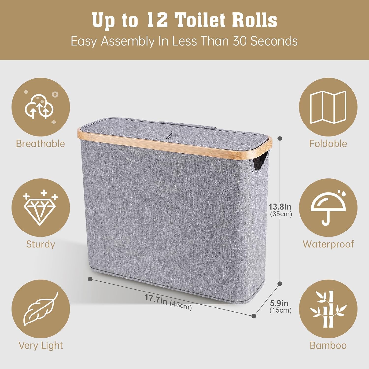 Oneearf Ultimate Bathroom Holder - Large Capacity Bamboo Oxford Storage Basket for 12 Roll Toilet Paper