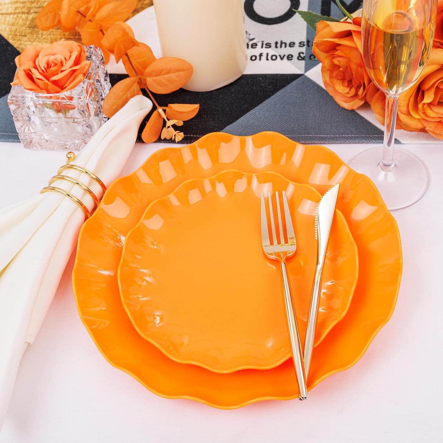 LIYH 24pcs Orange Platters - Scalloped Sturdy Reusable Plates for Parties