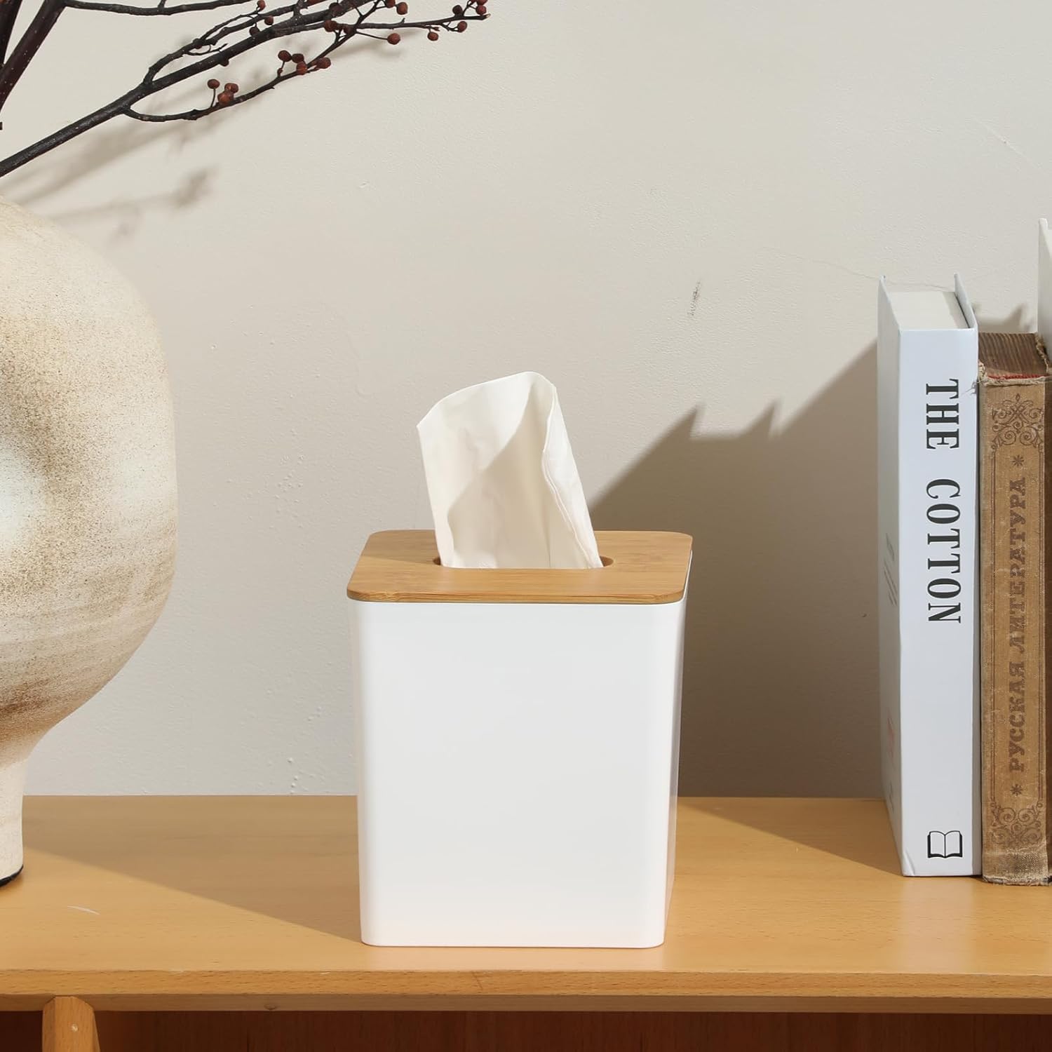 Tissue Box Cover Bamboo Lid Square Design Boho Decor White