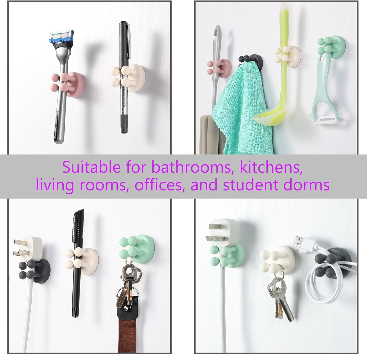 2-Piece Silicone Toothbrush Holders - Multi-Functional Wall Mounted Hooks for Kitchen Bathroom Living Room Office Use