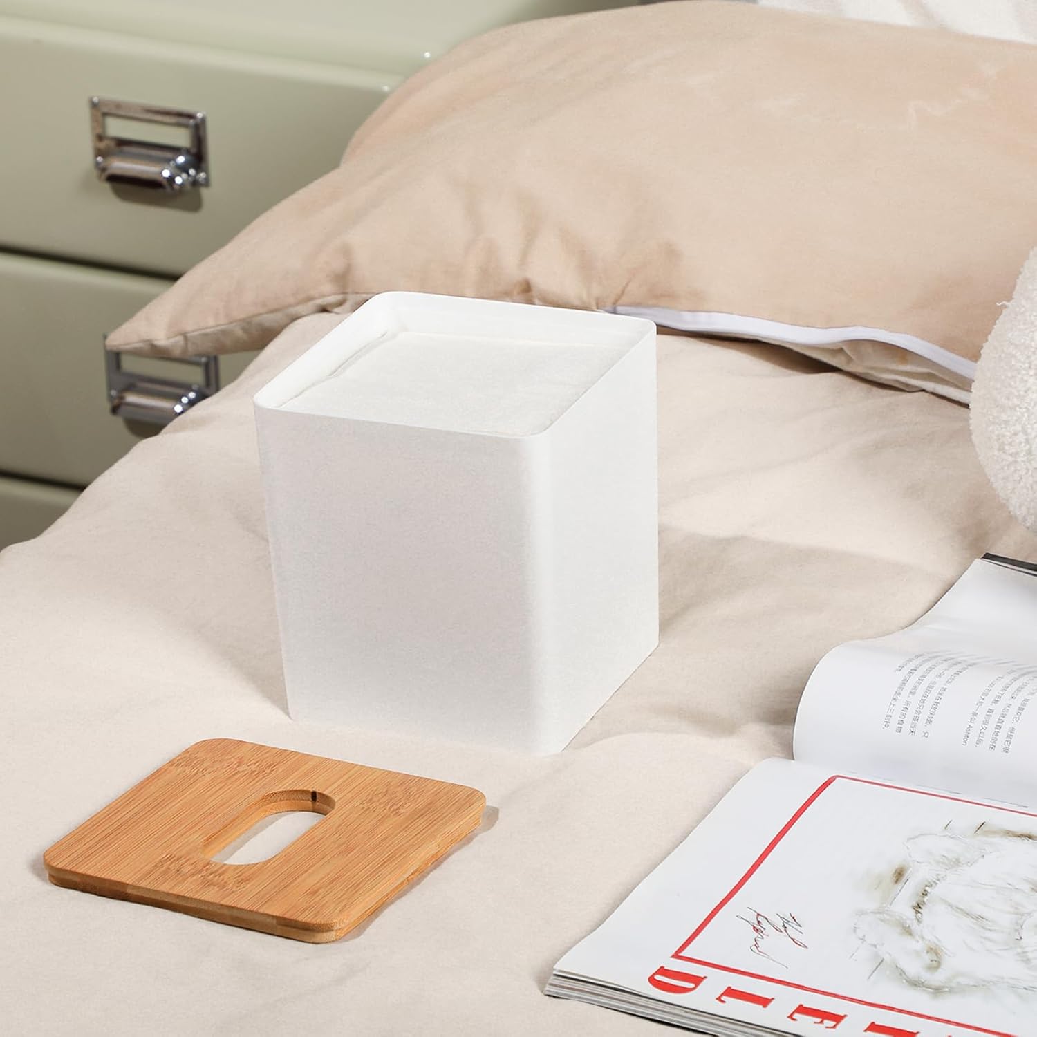 Tissue Box Cover Bamboo Lid Square Design Boho Decor White