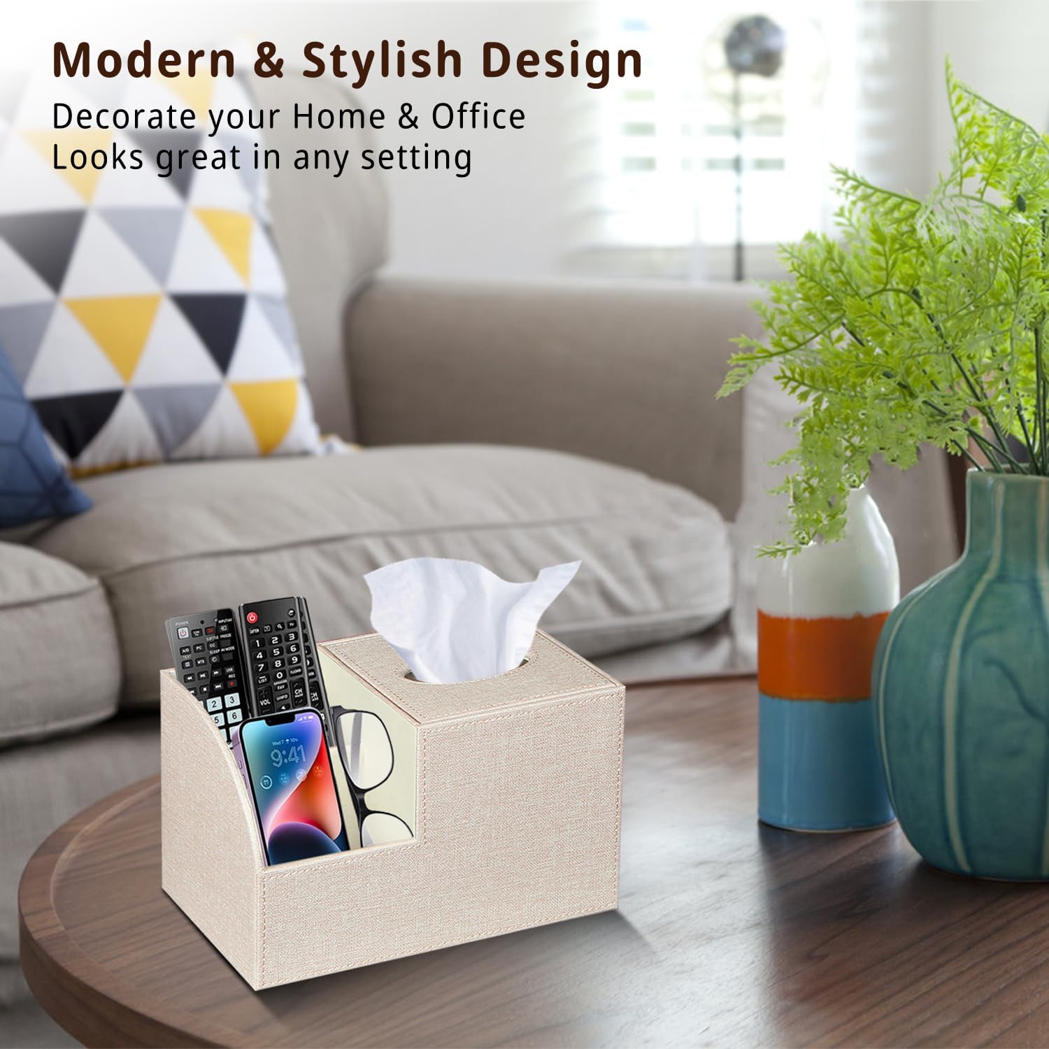 BLIENCE PU Leather Tissue Box Cover with Remote Holder