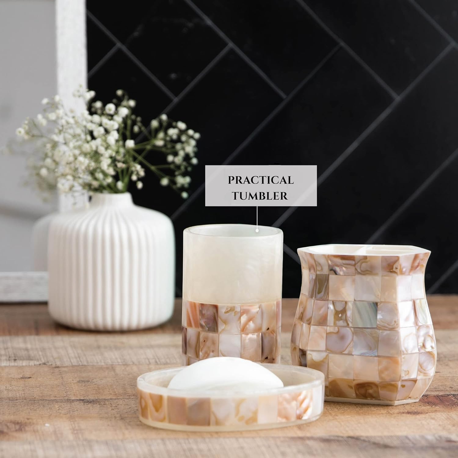 Milano Toothbrush Cup with Mother of Pearl - Electric Toothbrush Holder for Bathroom