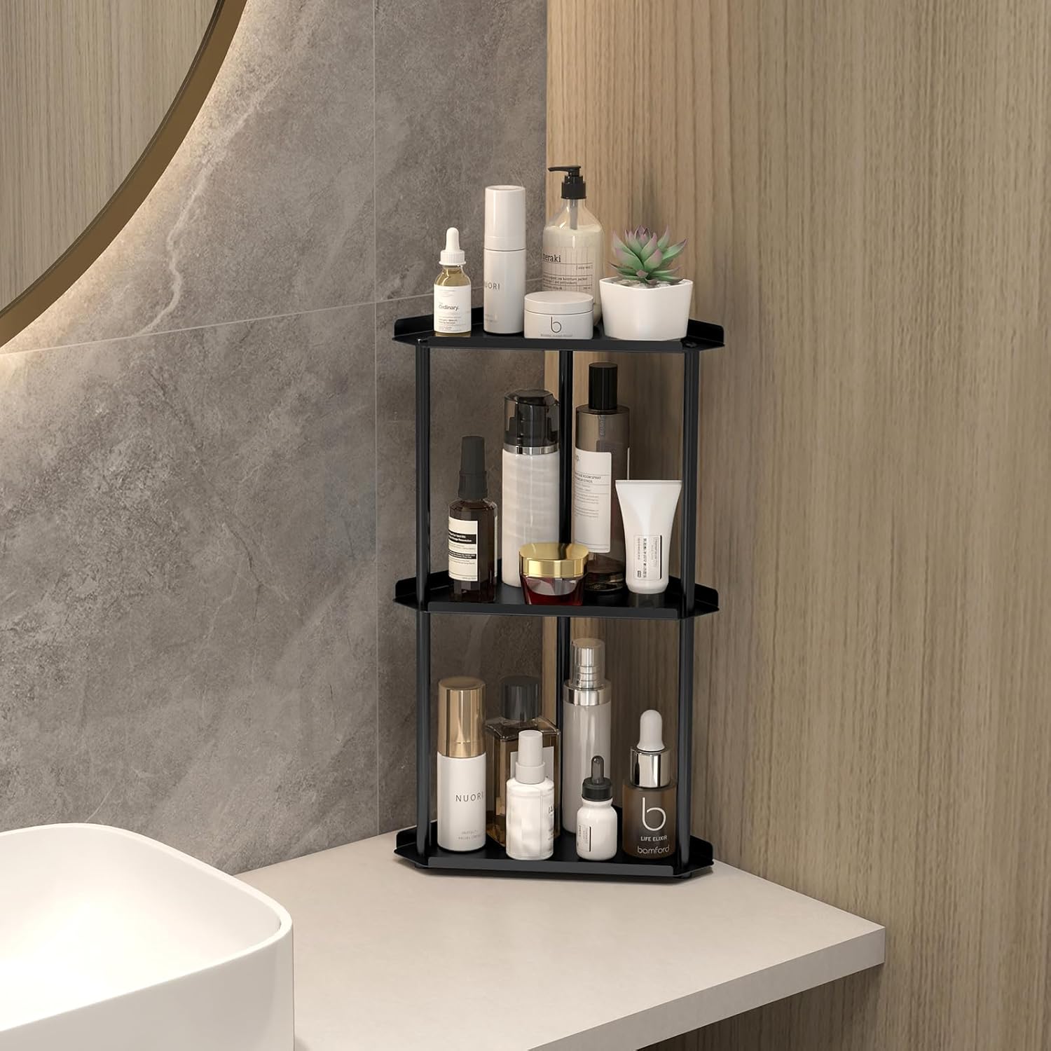 Sturdy 3-Tier bathroom counter organizer perfect for organizing skincare products in the bathroom or anywhere else