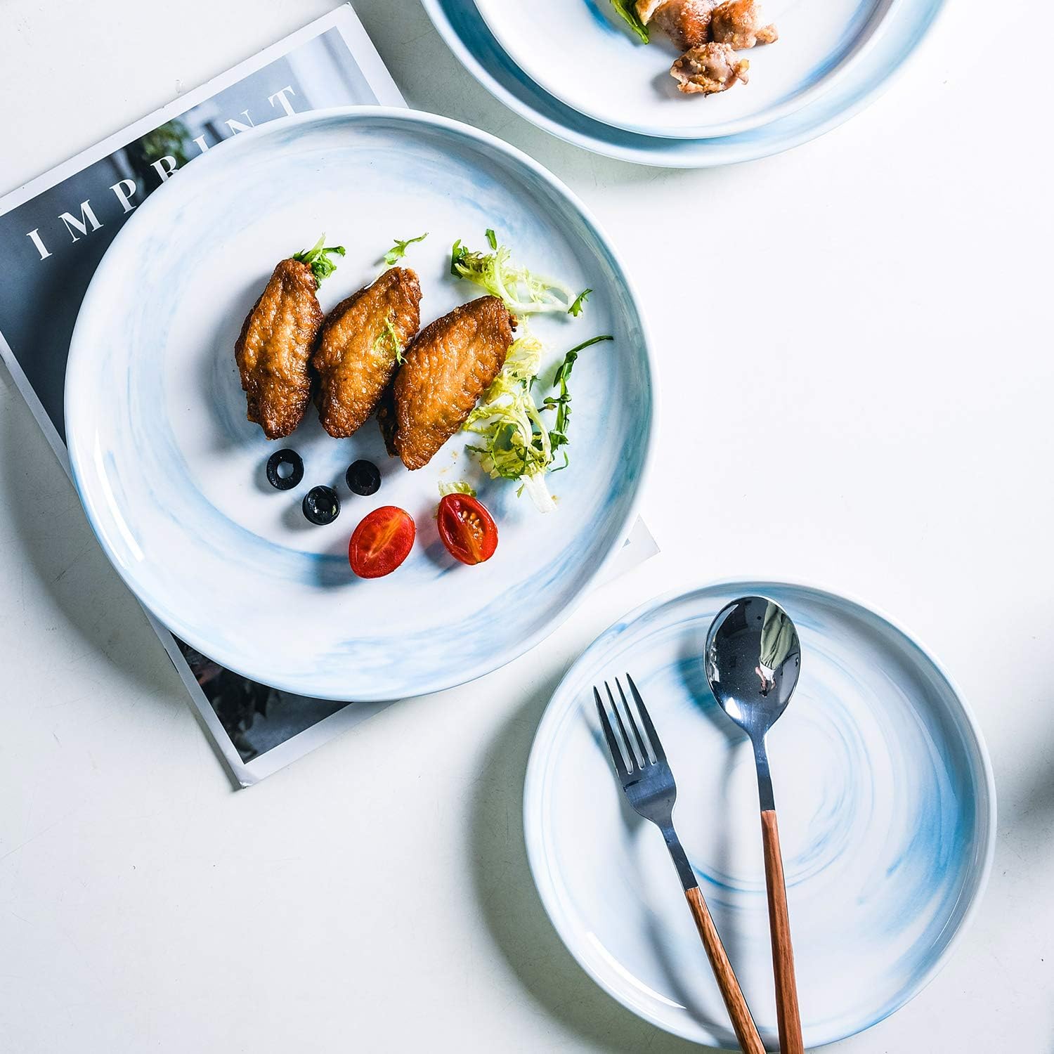 8-inch Blue Marble Dinner Plates Set of 4