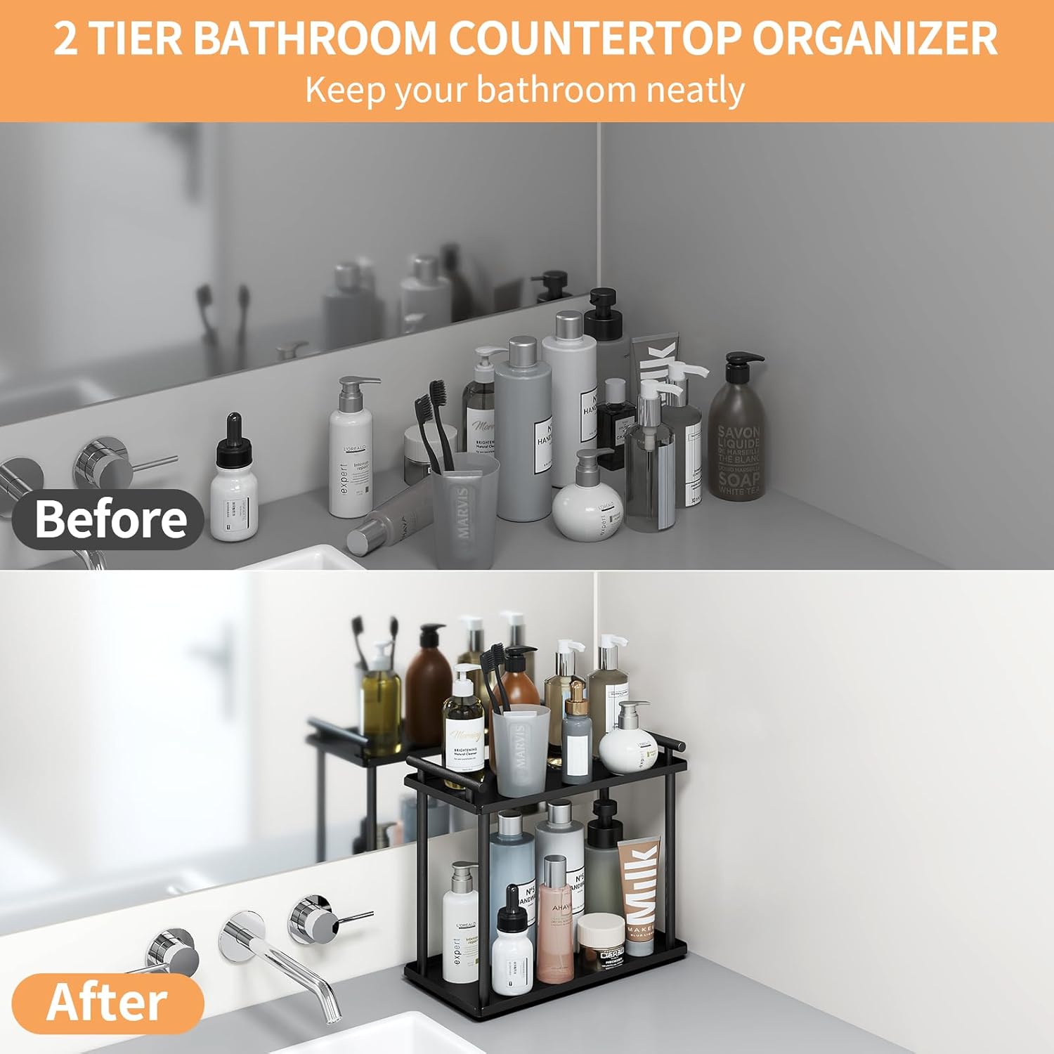 Space-Saving 2-Tier Bathroom Organizer for Skincare Makeup Storage
