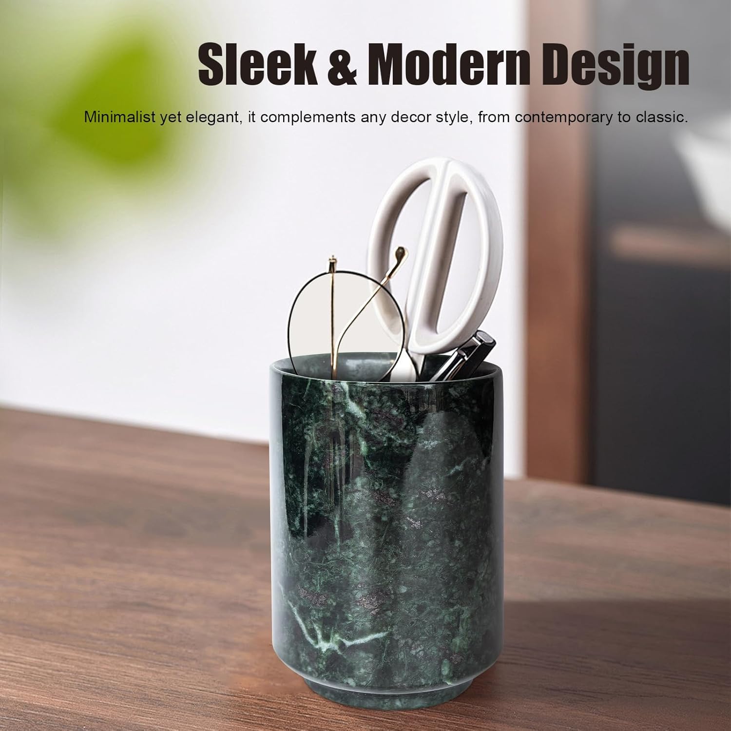Genaetyg - Natural Pen Holder Desktop Organizer with Green Marble Jade Elegance