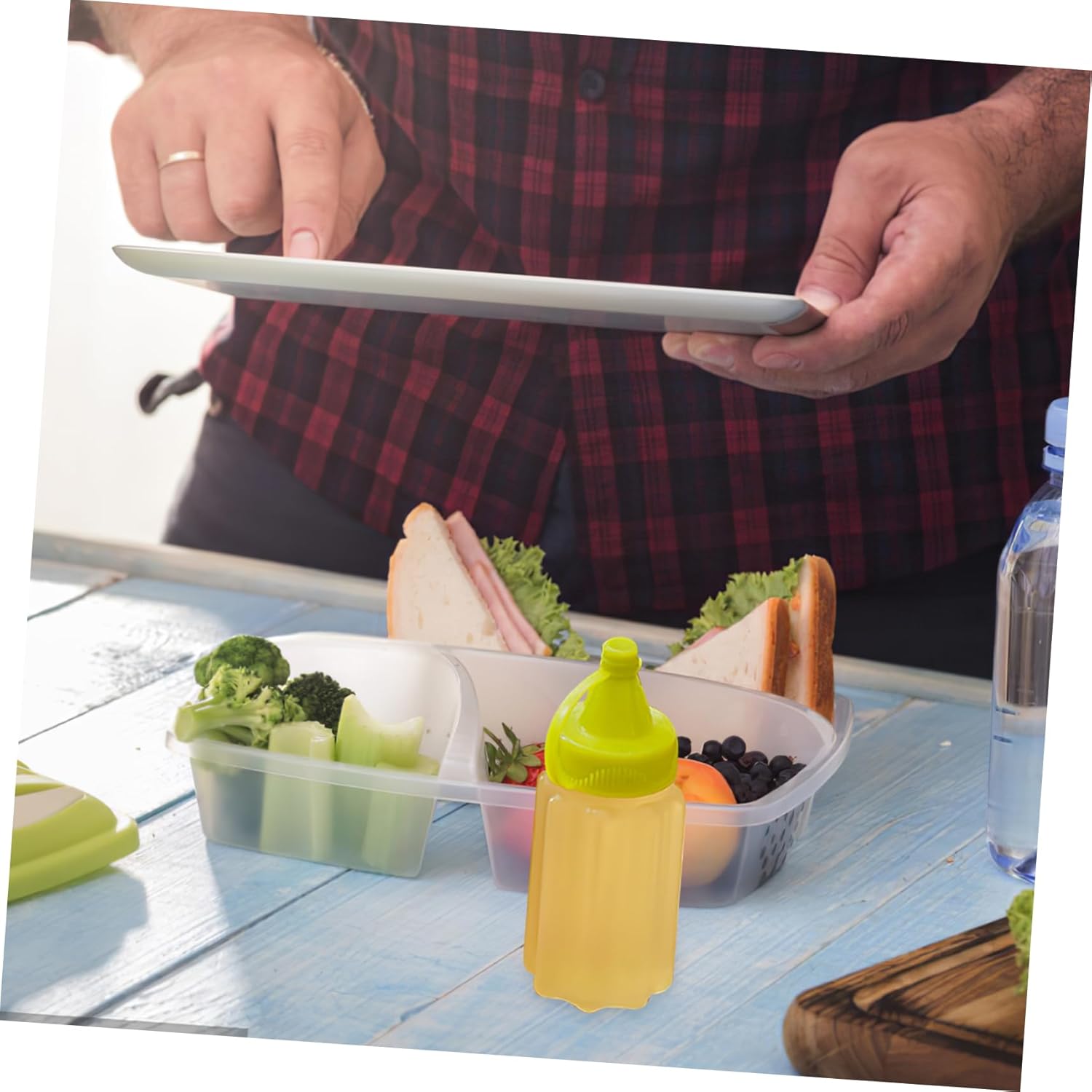 BRIGHTFUFU Square Condiment Lids Set with Squeeze Bottles for BBQ Salads Storage