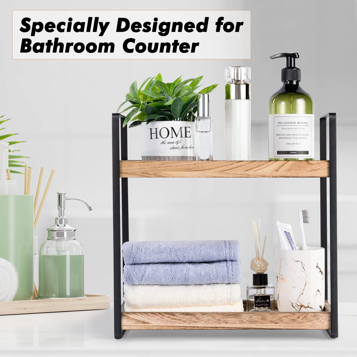 2-Tier Solid Wood Bathroom Organizer for Space-Saving Storage