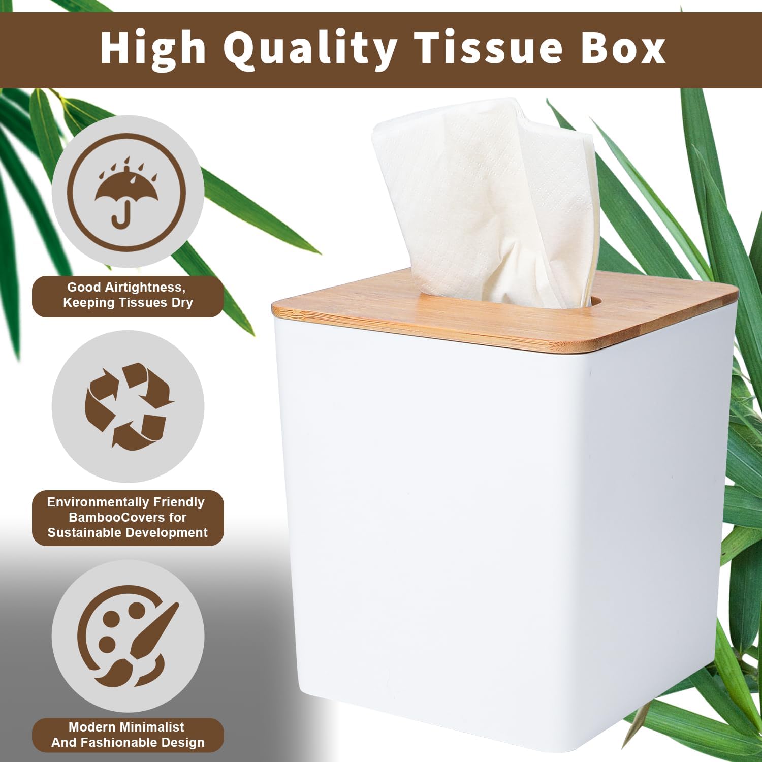 Tissue Box Cover Bamboo Lid Square Design Boho Decor White