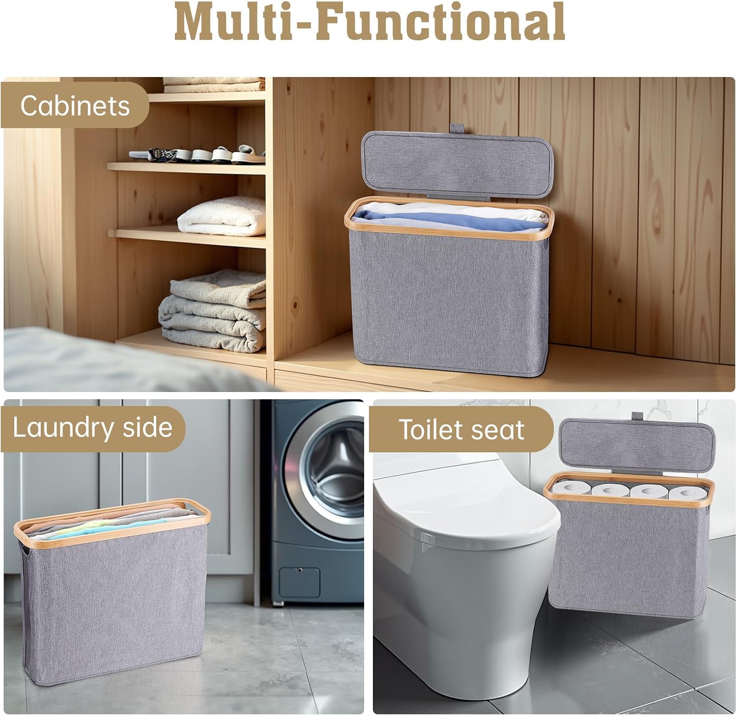 Oneearf Ultimate Bathroom Holder - Large Capacity Bamboo Oxford Storage Basket for 12 Roll Toilet Paper