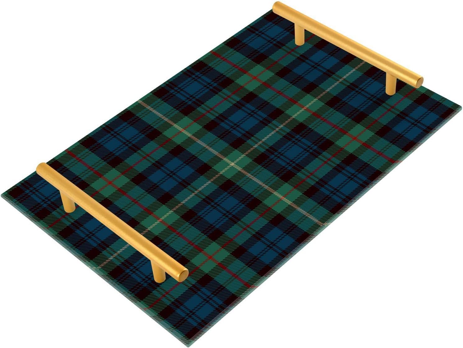 Pigsaly Blue Black Green Plaid Bathroom Sink Vanity Organizer Tray with Gold Handles Red Gold Tartan