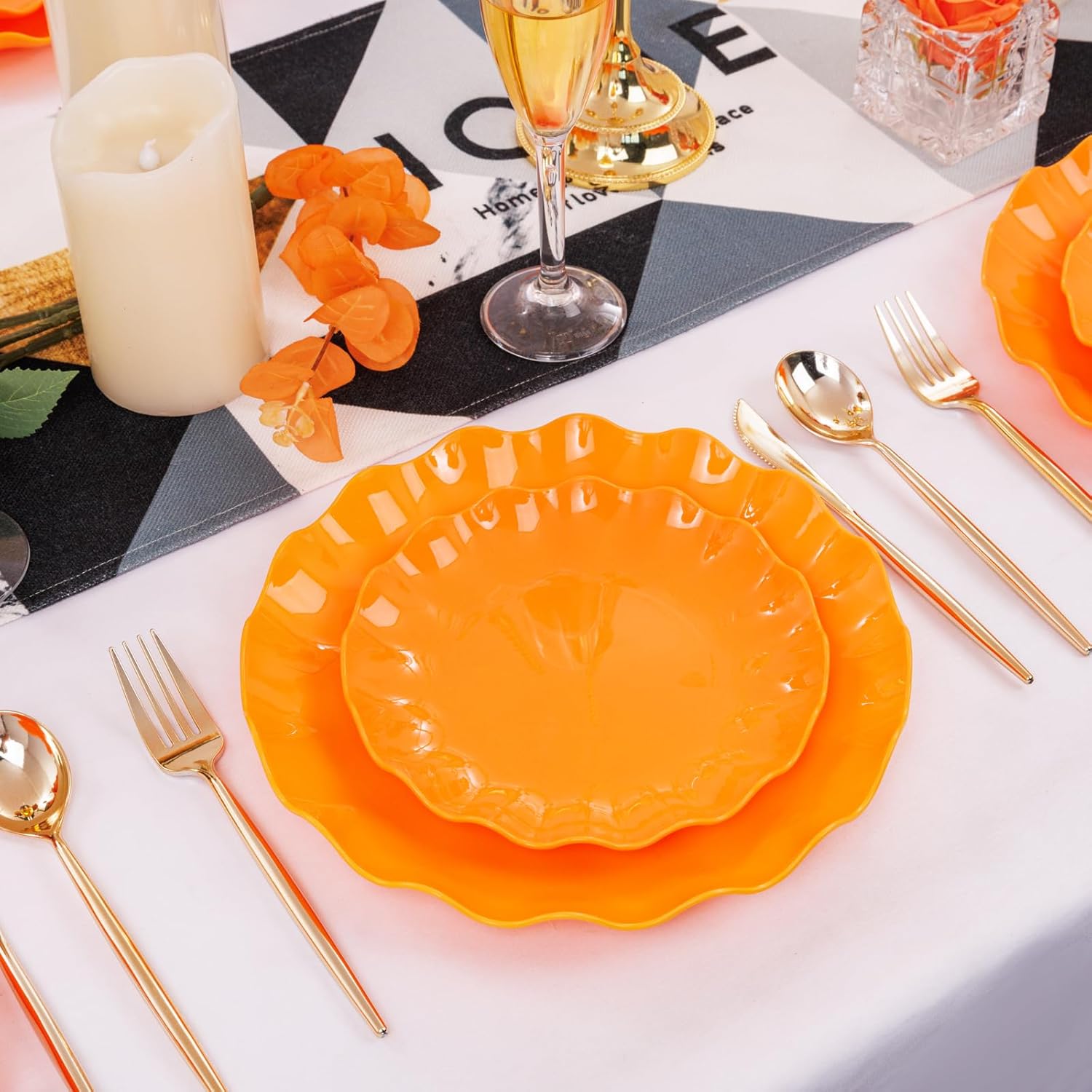 LIYH 24pcs Orange Platters - Scalloped Sturdy Reusable Plates for Parties