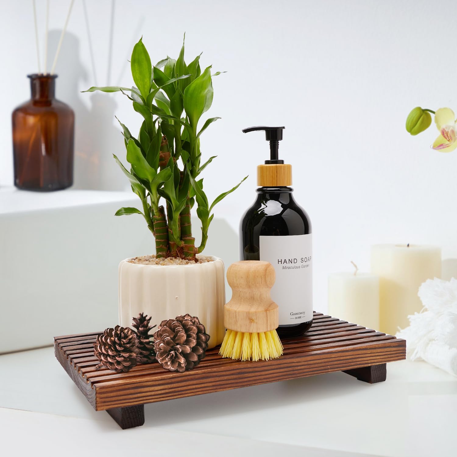 Farmhouse Inspired Wood Bath Counter Tray Multi-Functional Storage Decor for Bathroom Kitchen