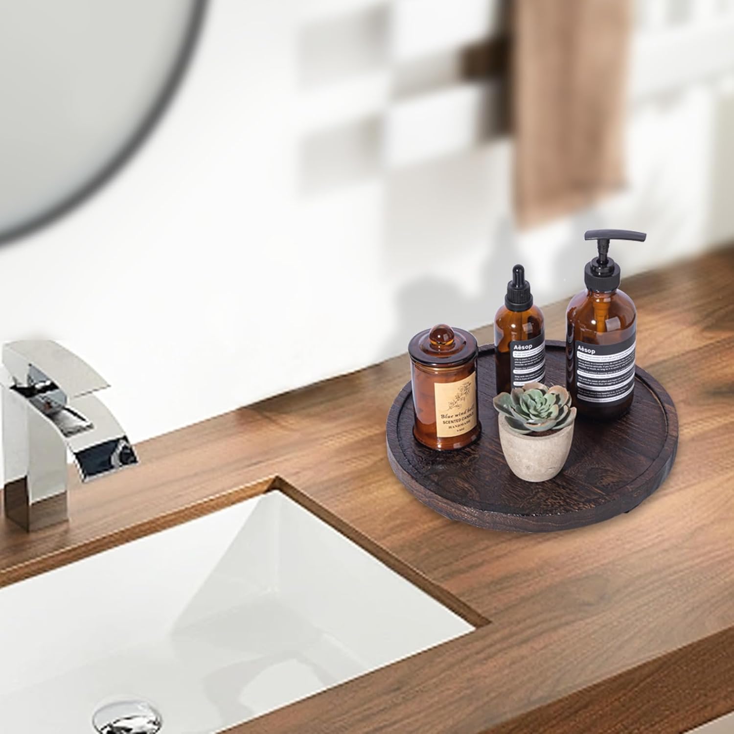 Rustic 10 Wooden Bathroom Counter Organizer Water-Resistant Organizer Tray
