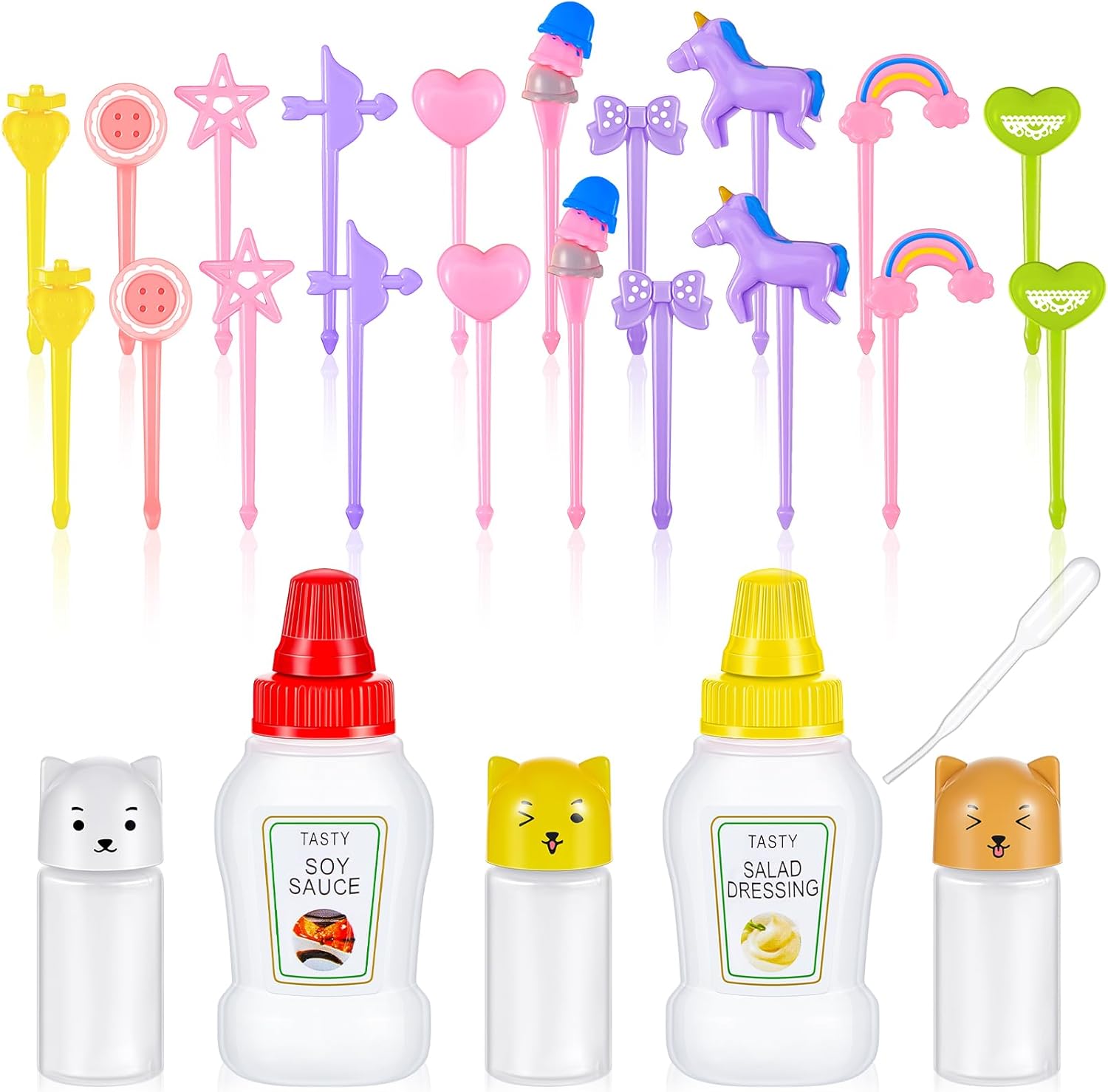 26 Pcs Lunch Bento Soy Sauce Case Container for Kids with Condiment Squeeze Bottles and Animal Food Picks