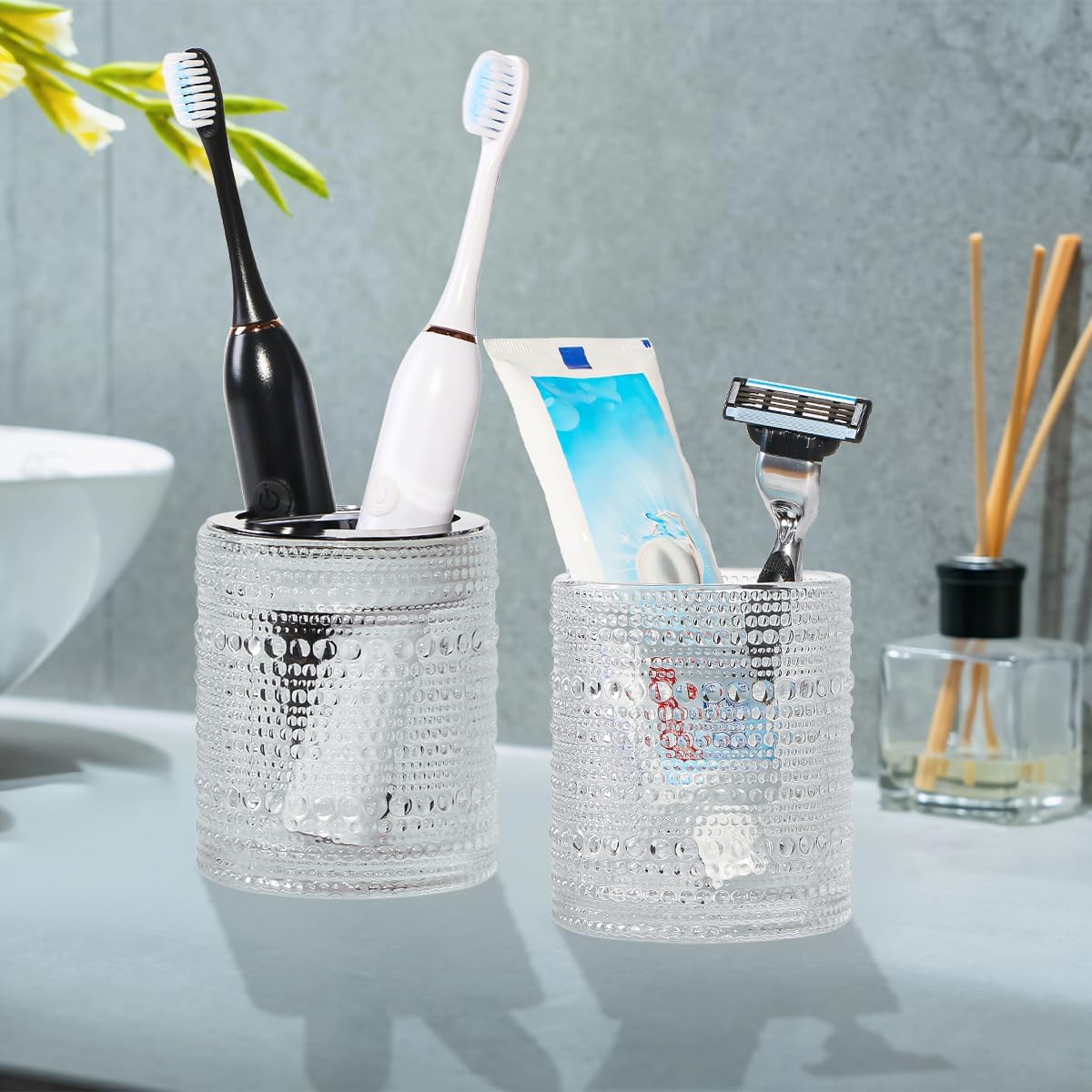 glass bathroom toothbrush holder multi-use storage smooth design
