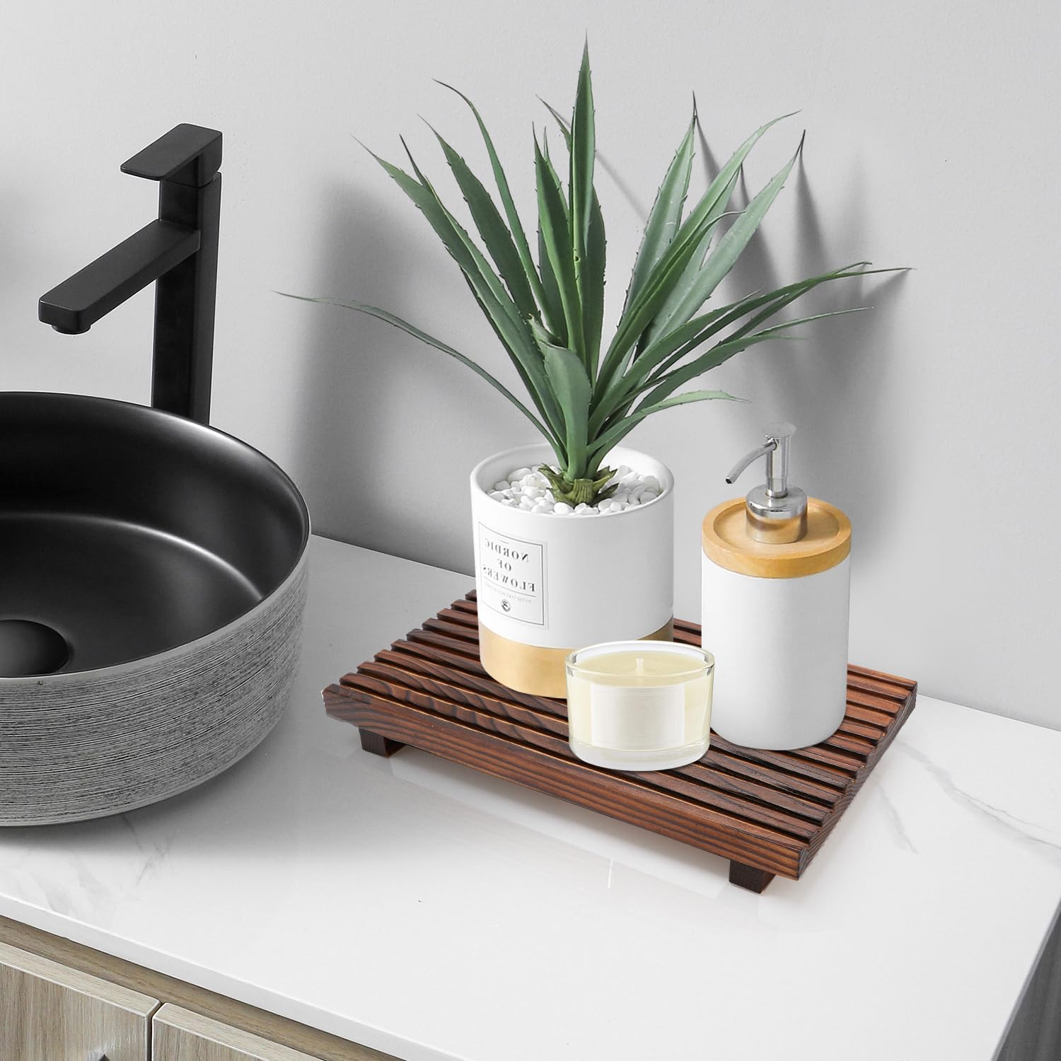 Farmhouse Inspired Wood Bath Counter Tray Multi-Functional Storage Decor for Bathroom Kitchen