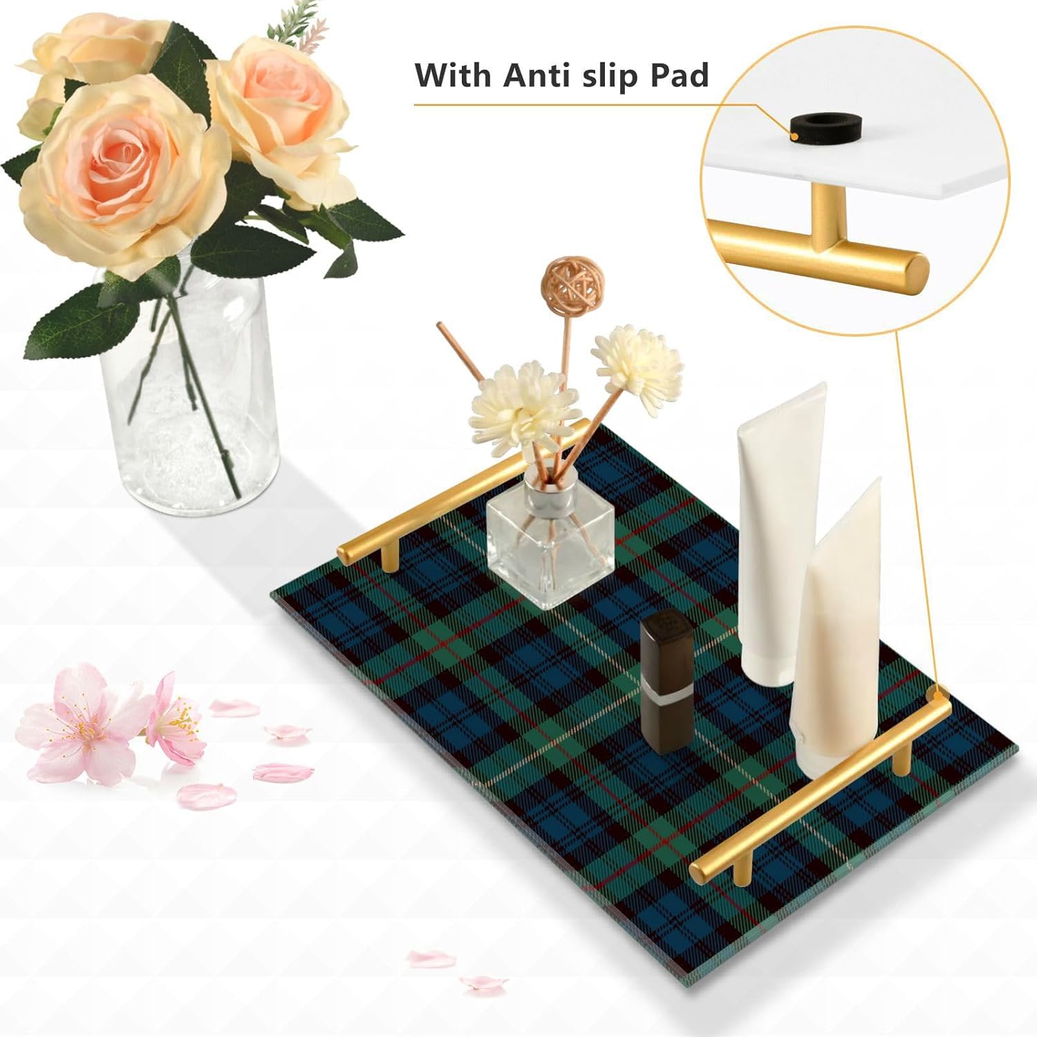 Pigsaly Blue Black Green Plaid Bathroom Sink Vanity Organizer Tray with Gold Handles Red Gold Tartan