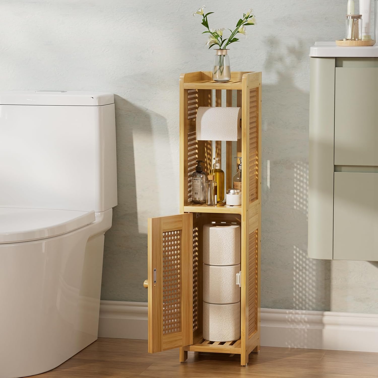 Amazing Bamboo Toilet Paper Storage Cabinet for Narrow Spaces and Small Bathrooms
